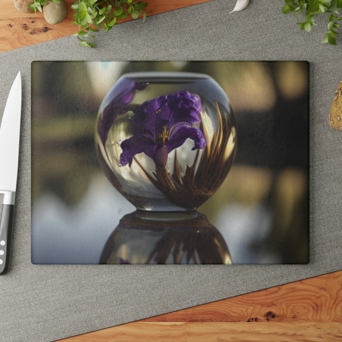 Glass Cutting Board Purple Iris in a vase 2