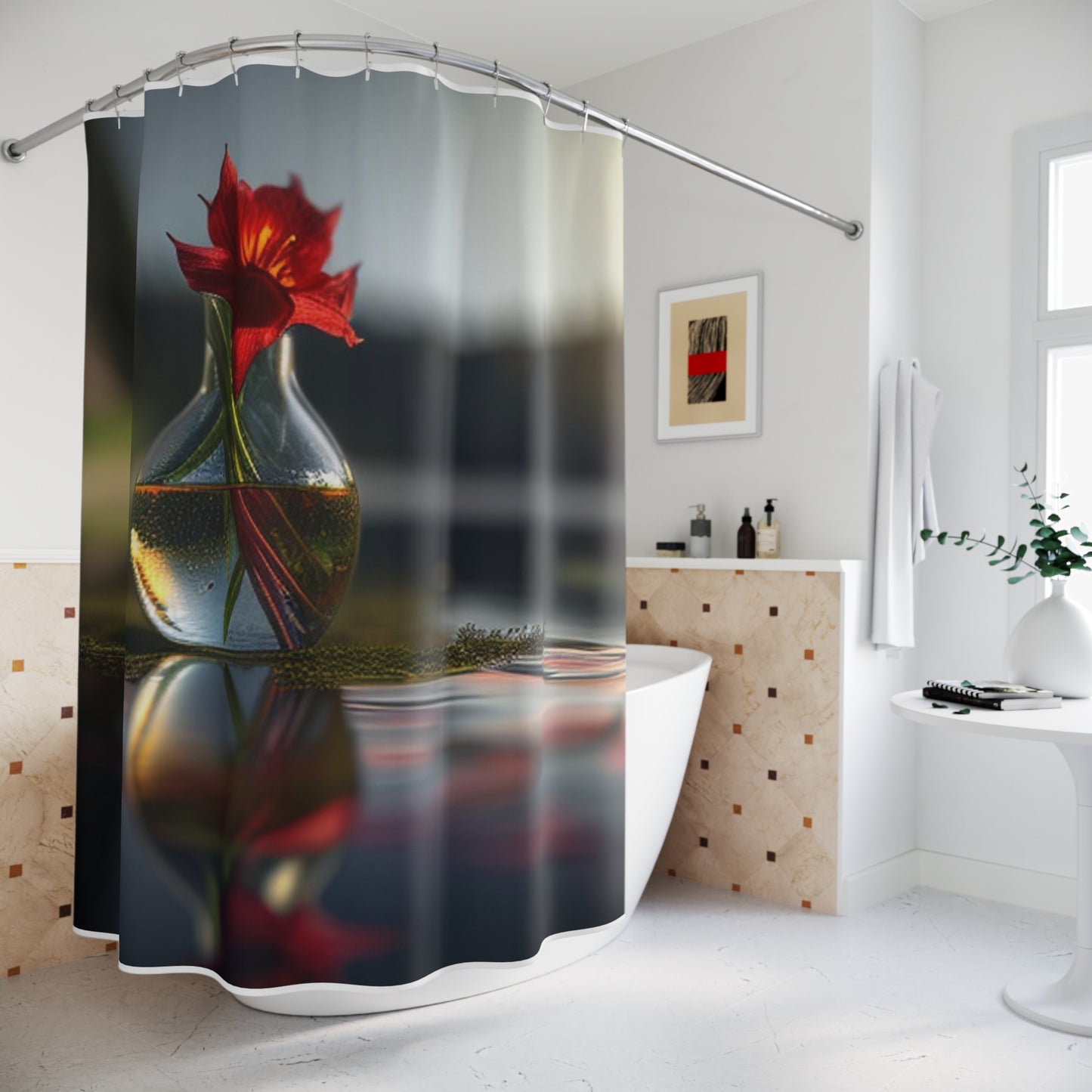 Polyester Shower Curtain Red Lily in a Glass vase 3