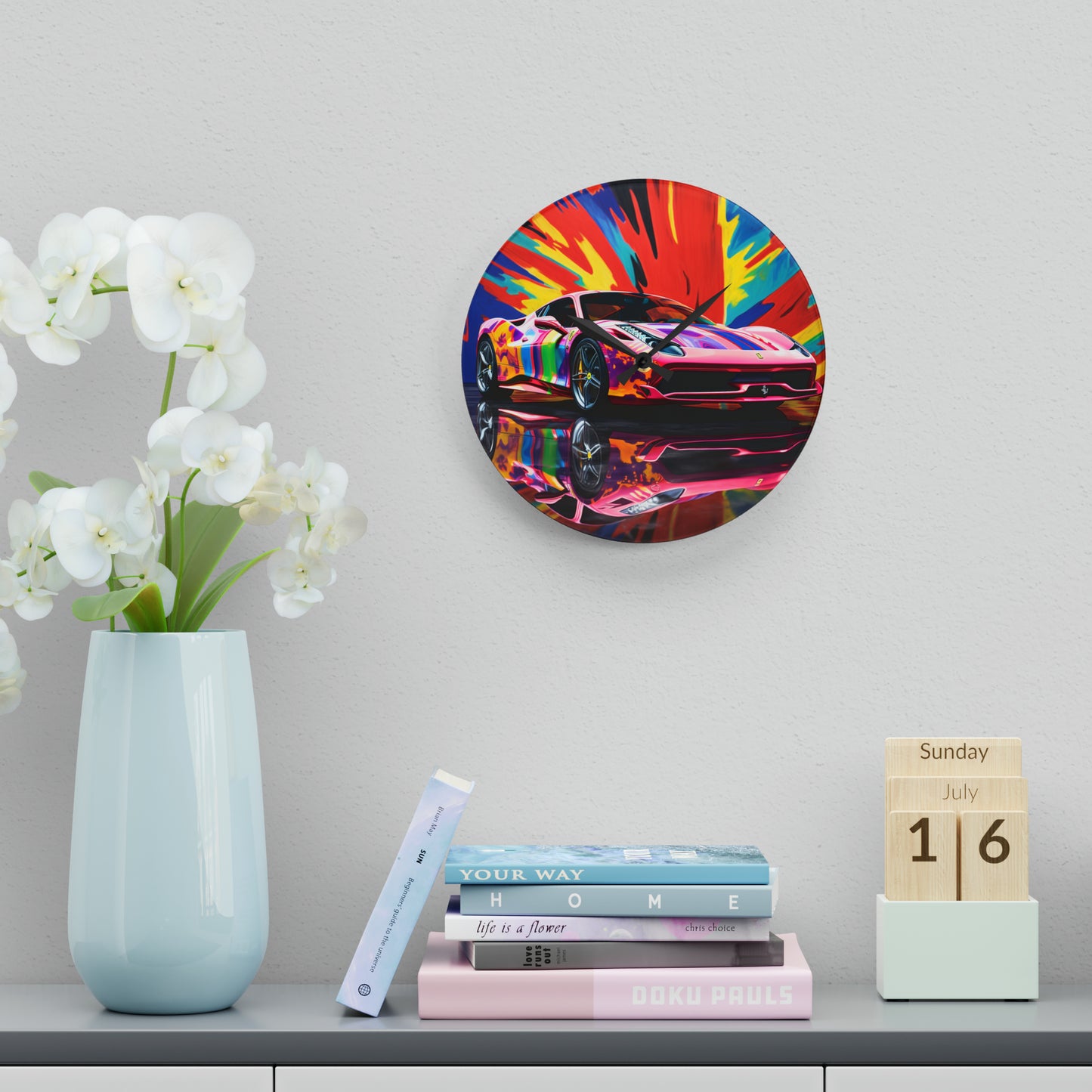 Acrylic Wall Clock Hyper Colorfull Ferrari 3