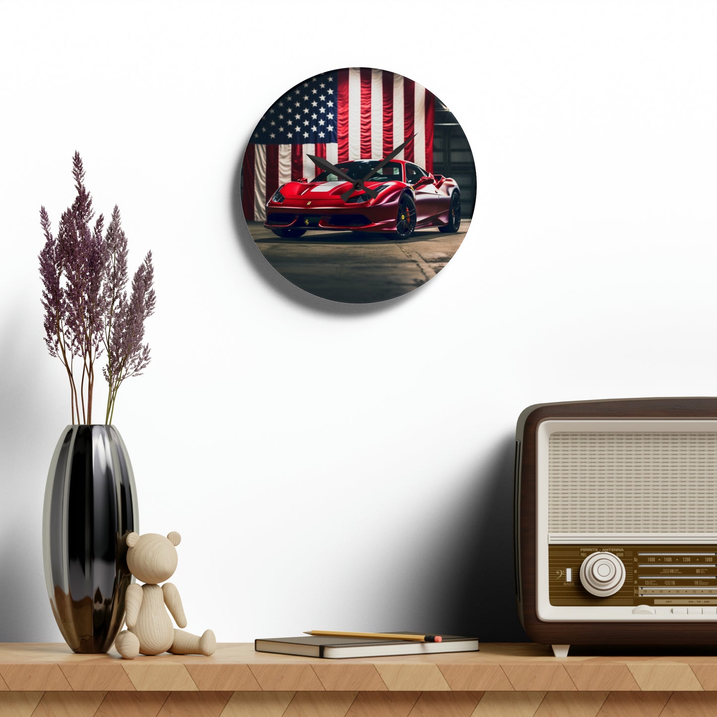 Acrylic Wall Clock American Flag Background Ferrari 3