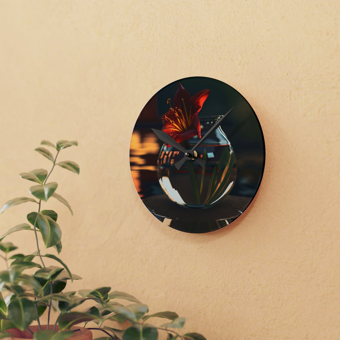 Acrylic Wall Clock Red Lily in a Glass vase 2