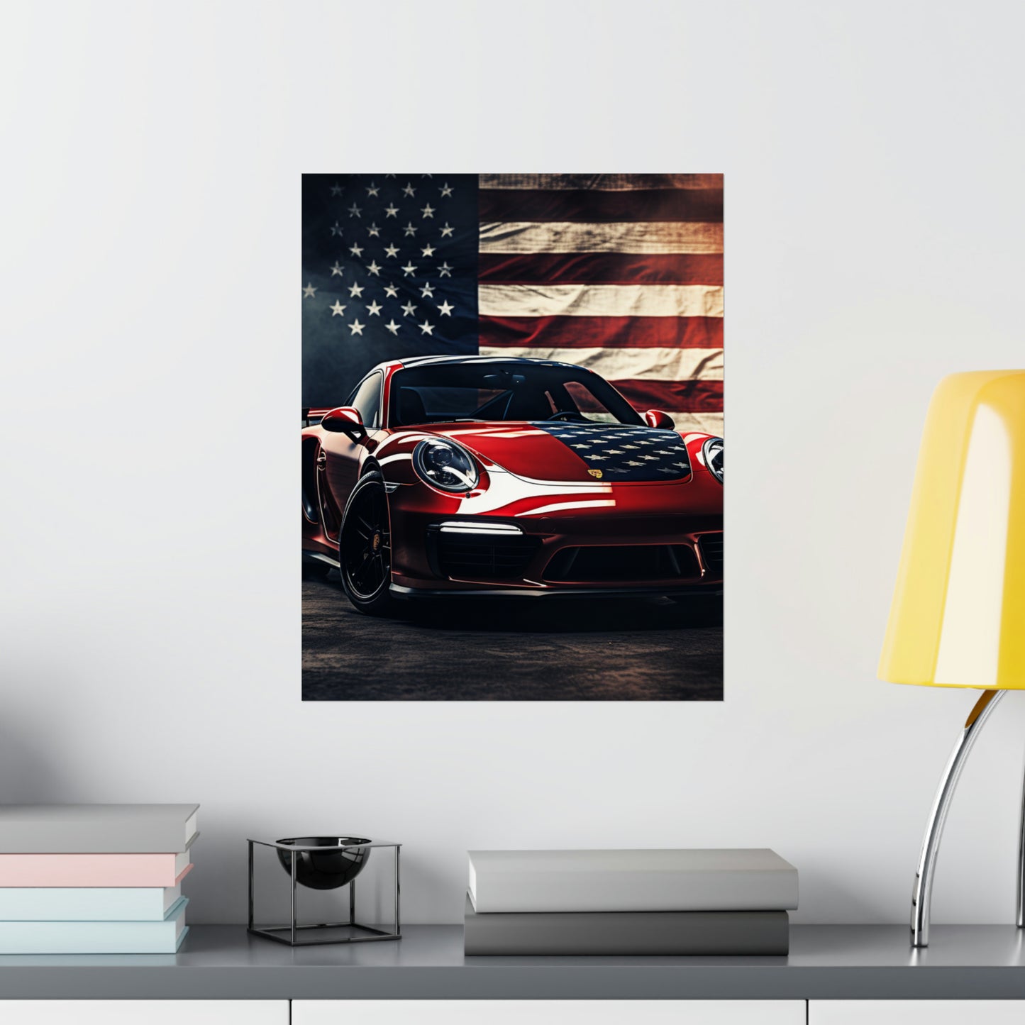 Premium Matte Vertical Posters American Flag Background Porsche 2