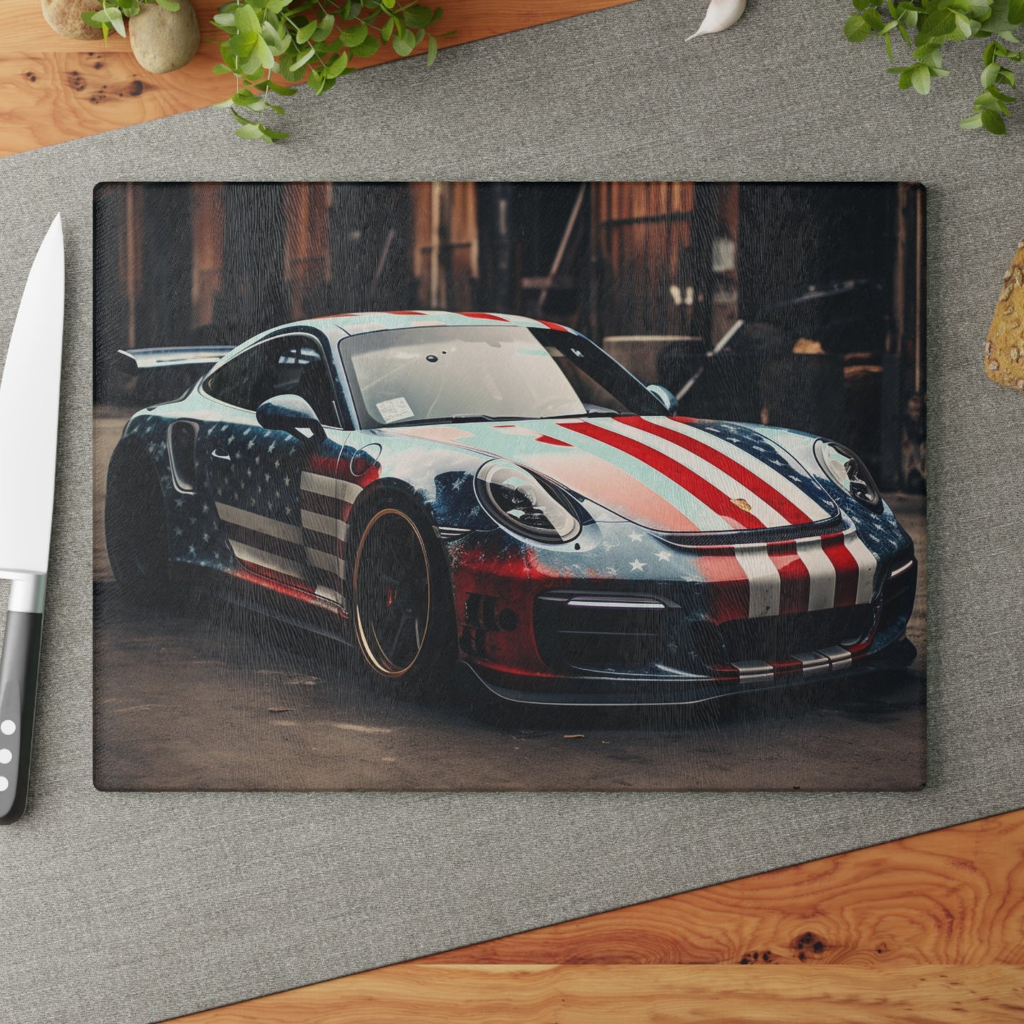 Glass Cutting Board American Flag Porsche 3