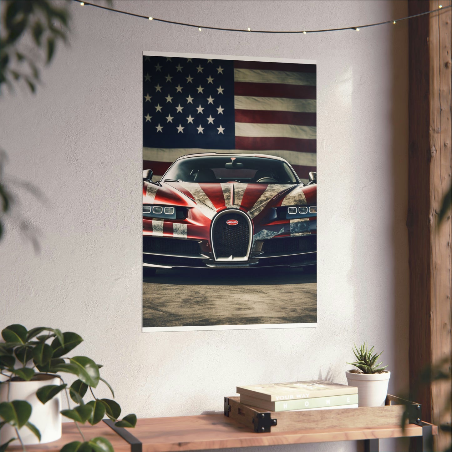 Premium Matte Vertical Posters American Flag Background Bugatti 3