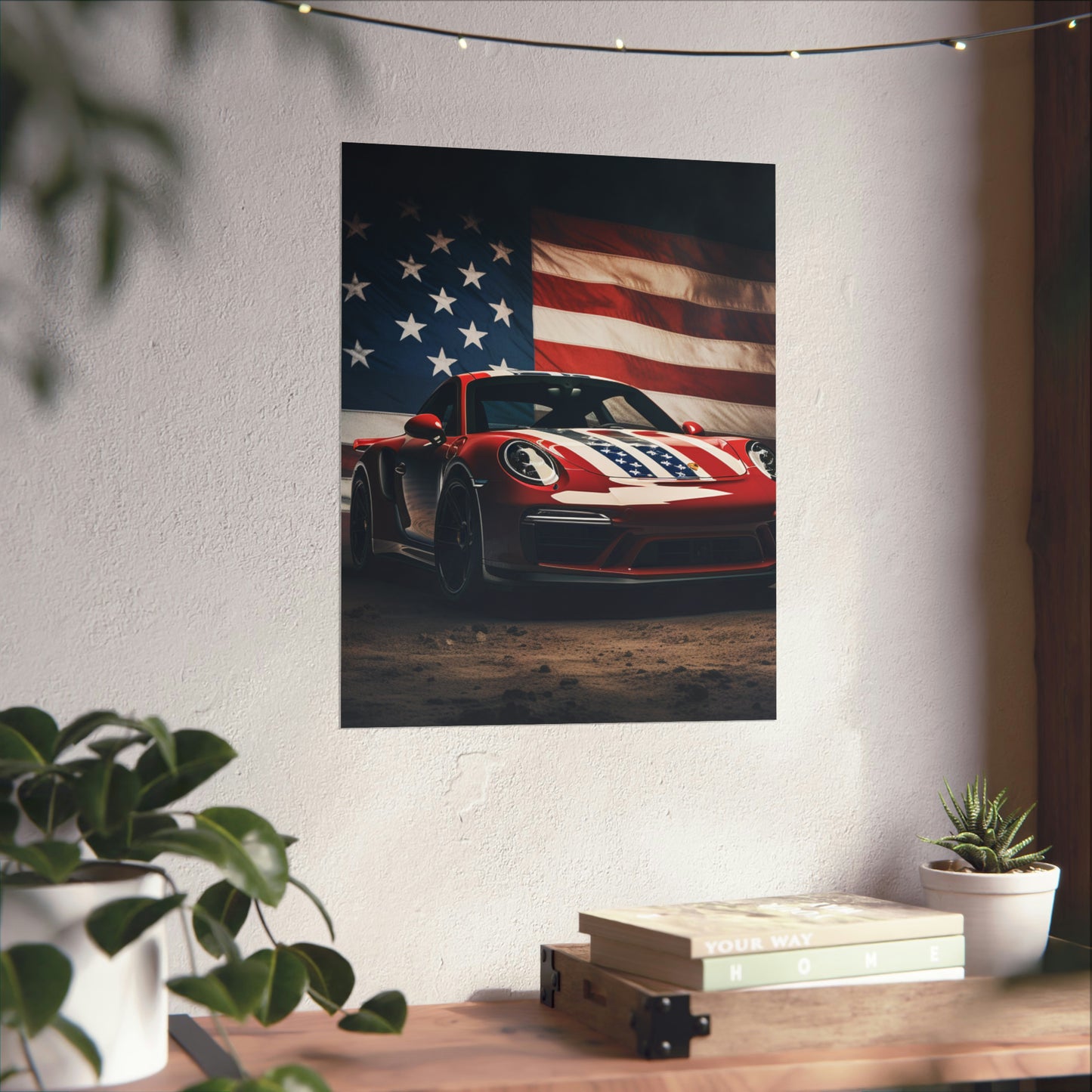 Premium Matte Vertical Posters American Flag Background Porsche 3