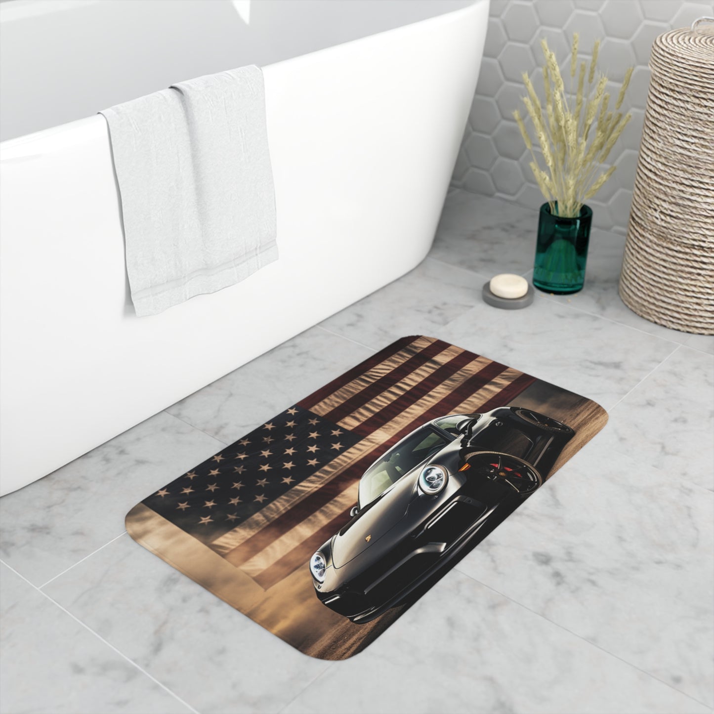 Memory Foam Bath Mat American Flag Background Porsche 4