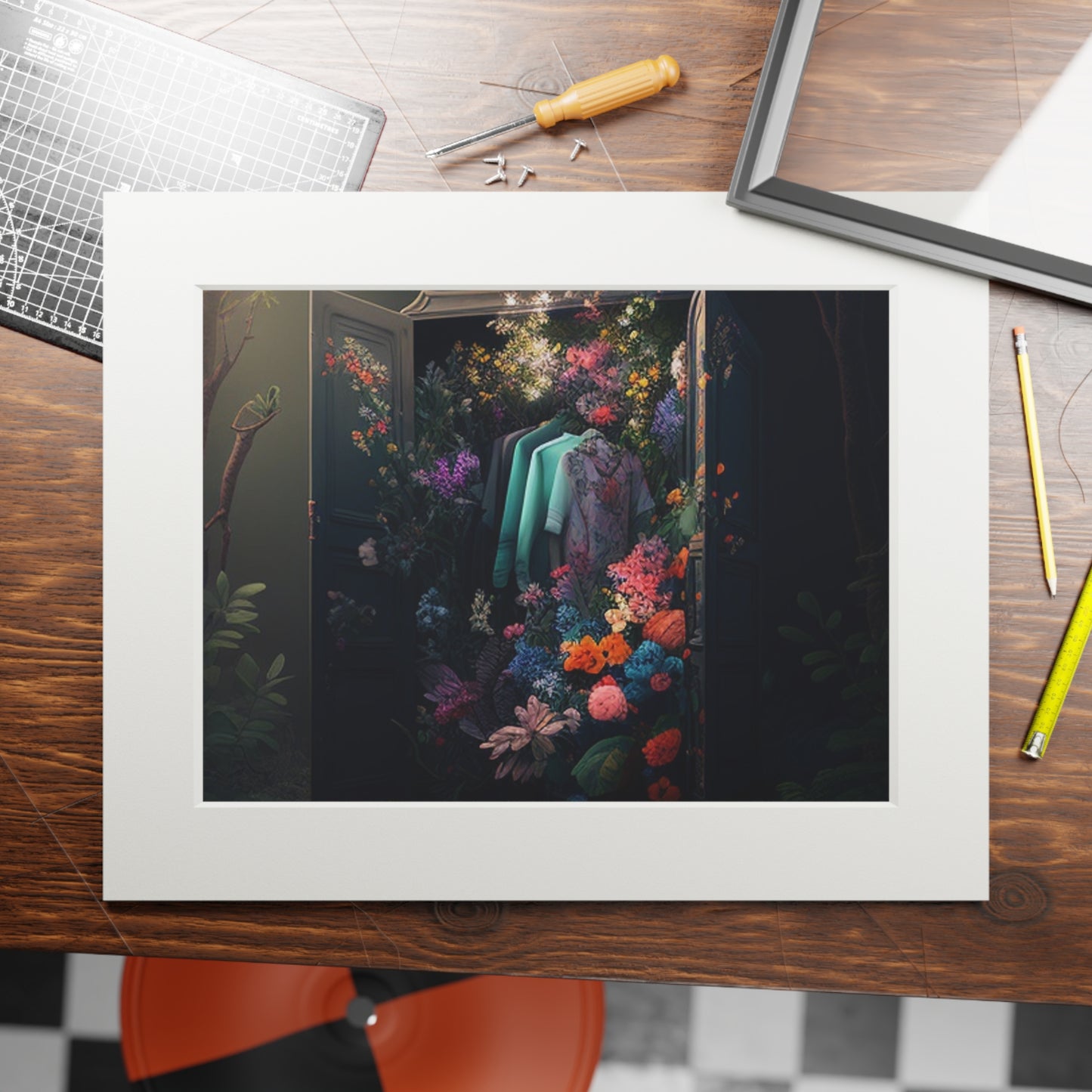 Fine Art Prints (Passepartout Paper Frame) A Wardrobe Surrounded by Flowers 1