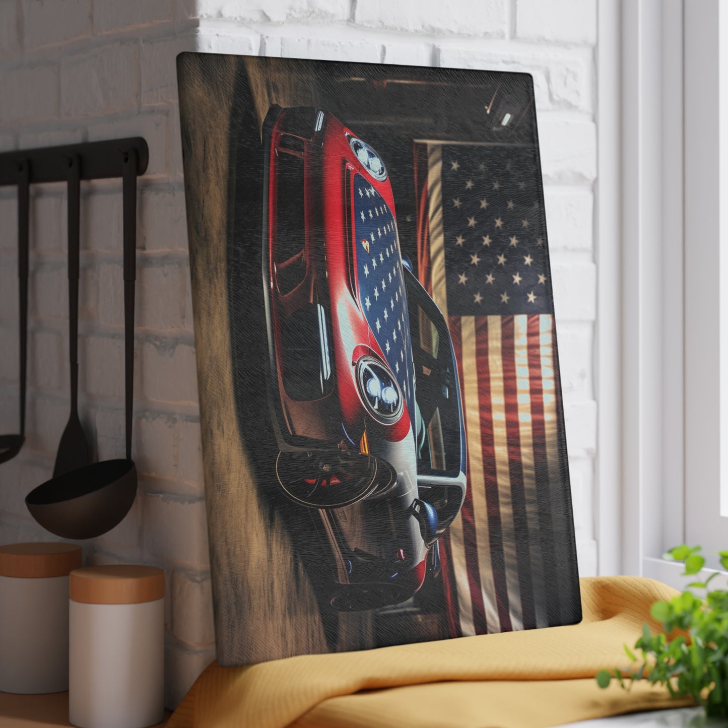 Glass Cutting Board American Flag Background Porsche 1