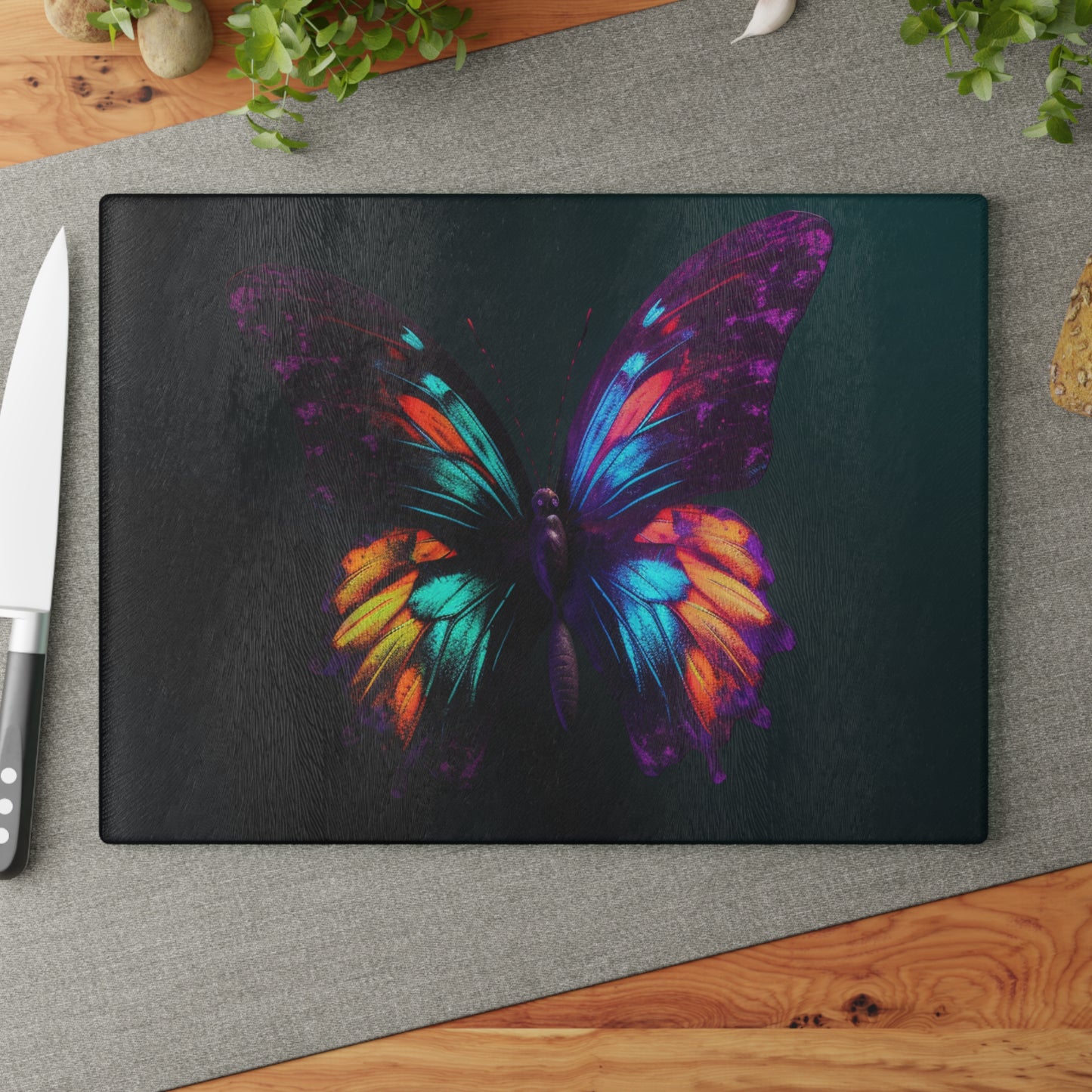 Glass Cutting Board Hyper Colorful Butterfly Purple 1