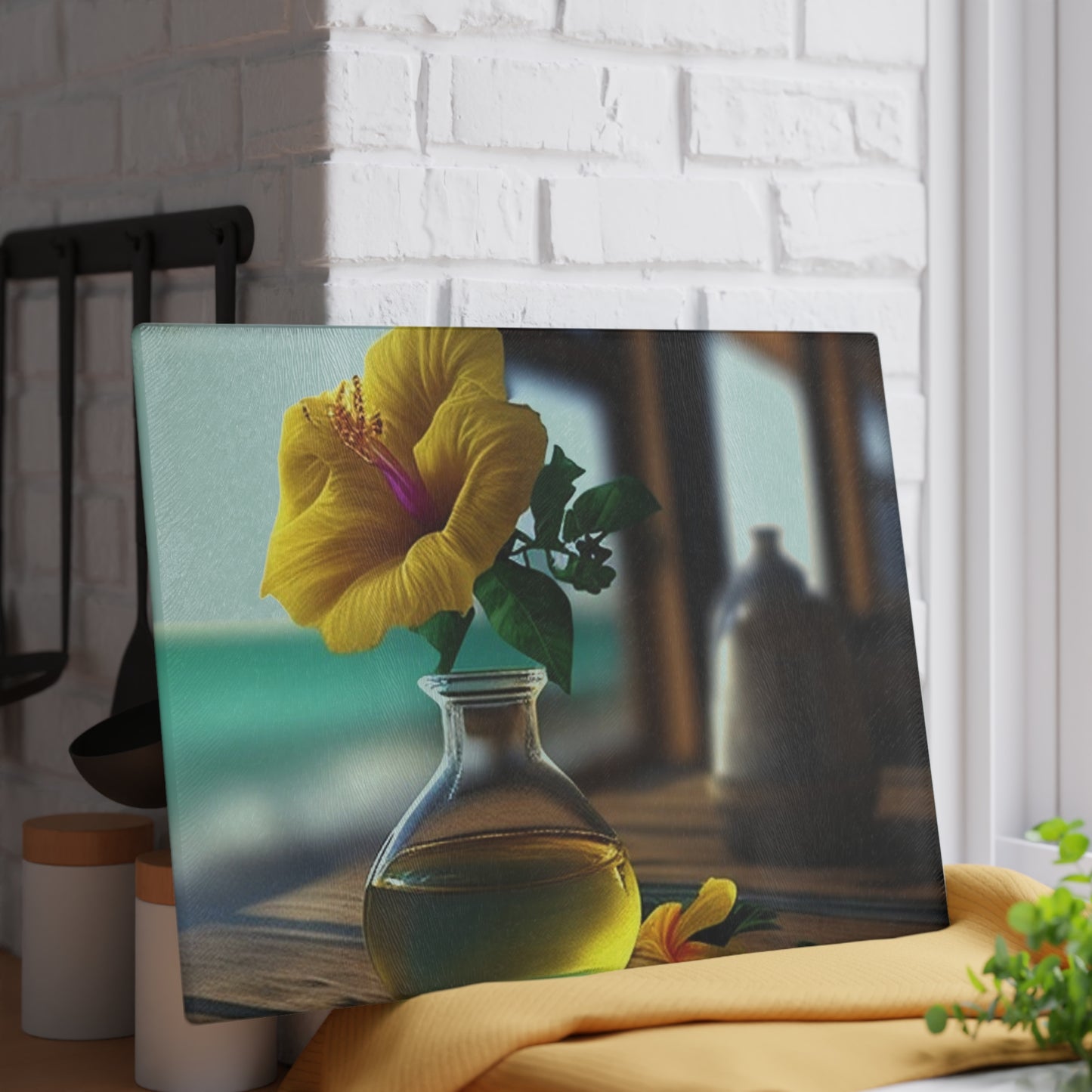 Glass Cutting Board Yellow Hibiscus Wood 1