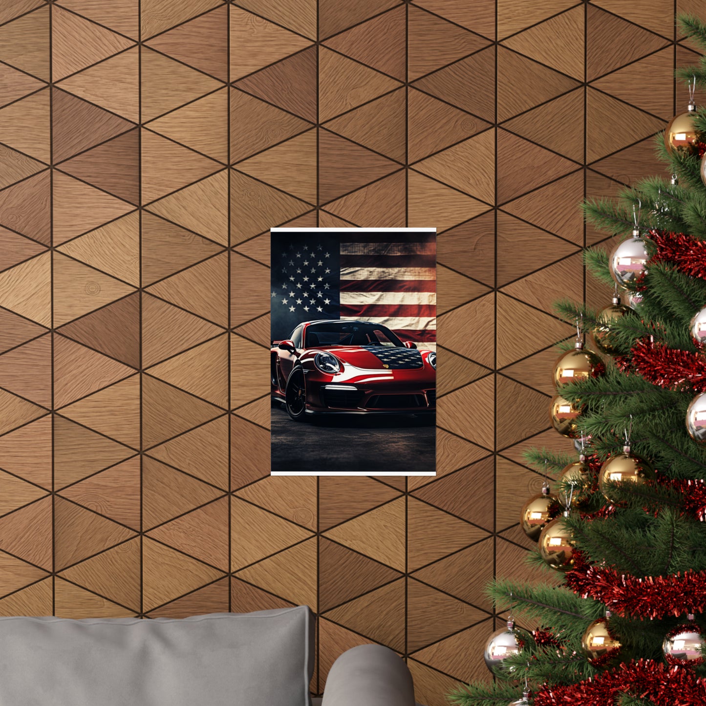 Premium Matte Vertical Posters American Flag Background Porsche 2