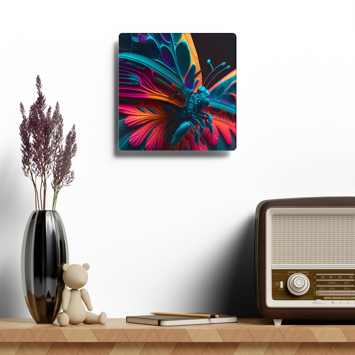 Acrylic Wall Clock Neon Butterfly Macro 4