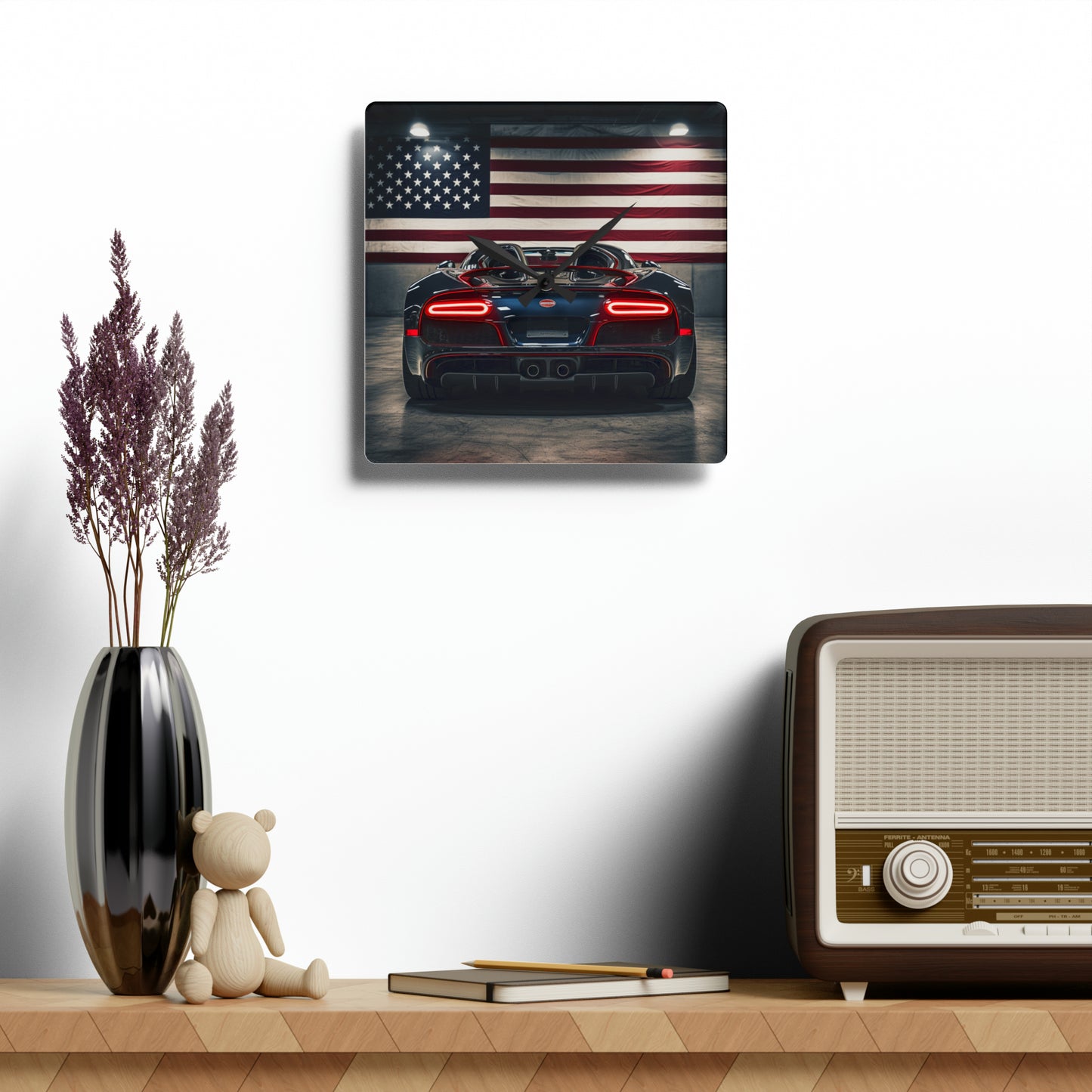 Acrylic Wall Clock American Flag Background Bugatti 4