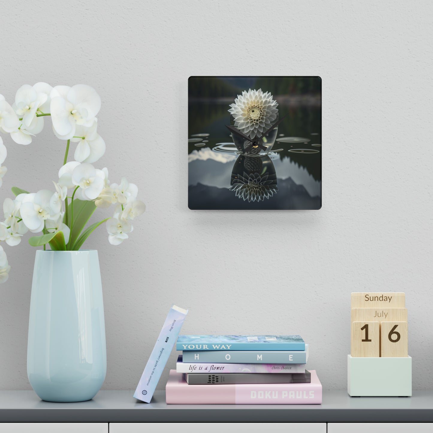 Acrylic Wall Clock White Dahlia 3