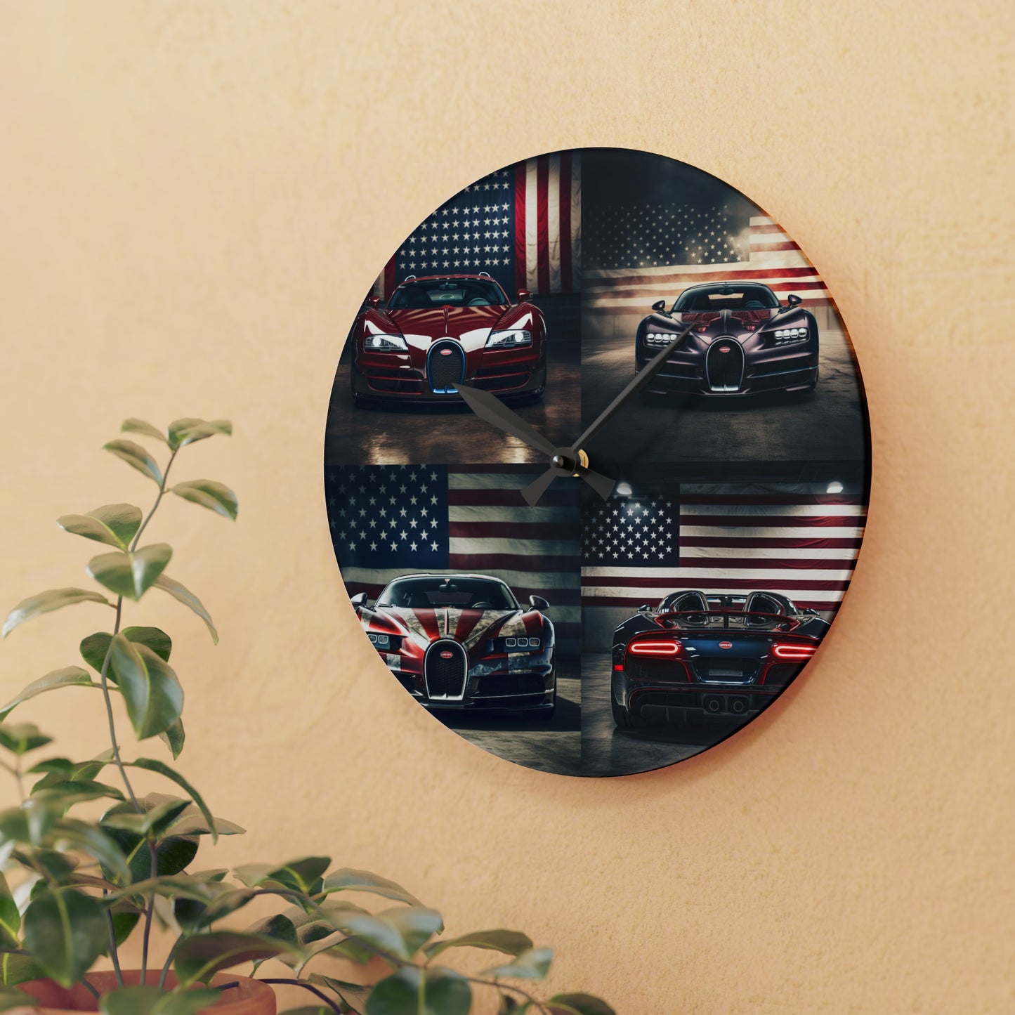 Acrylic Wall Clock American Flag Background Bugatti 5