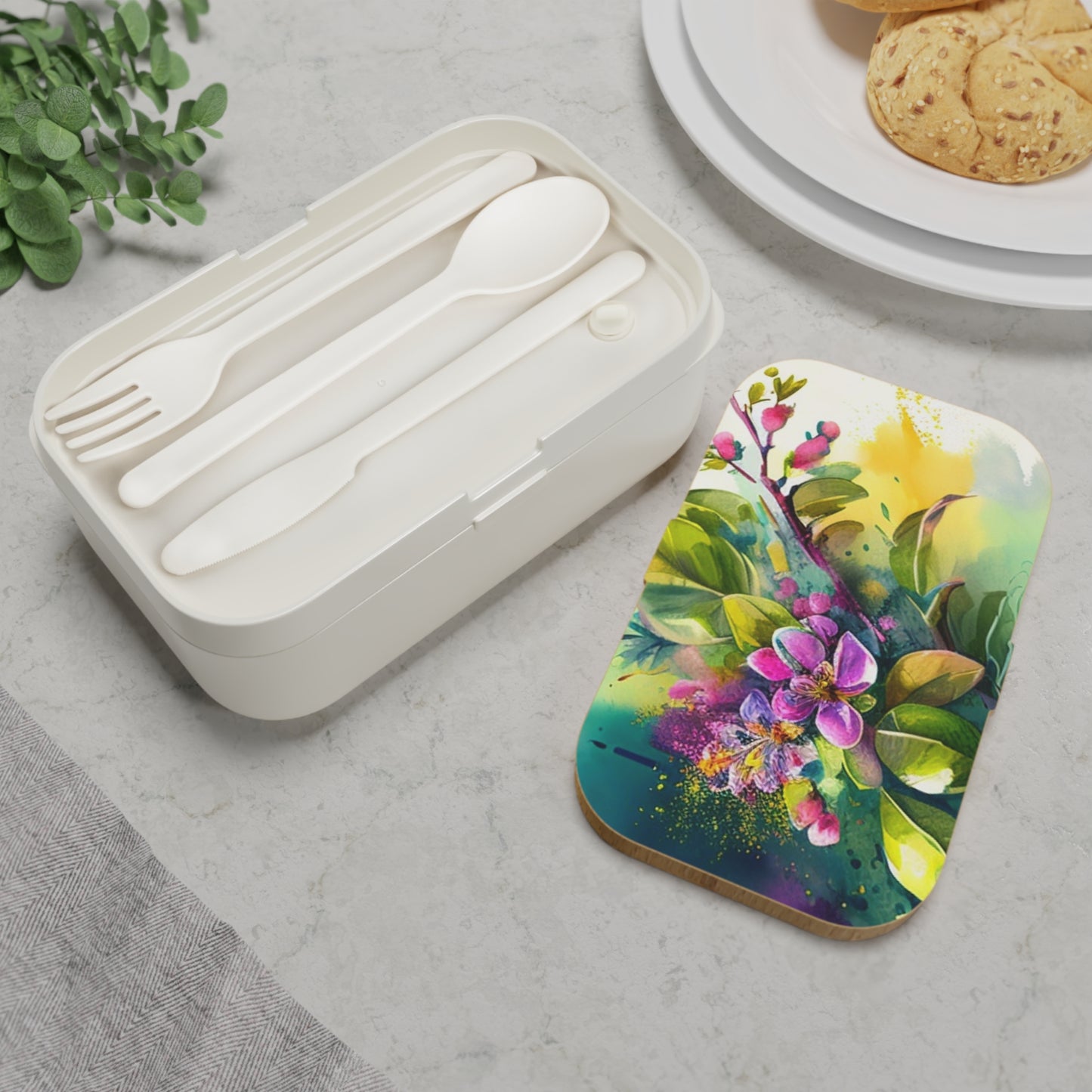 Bento Lunch Box Mother Nature Bright Spring Colors Realistic Watercolor 1