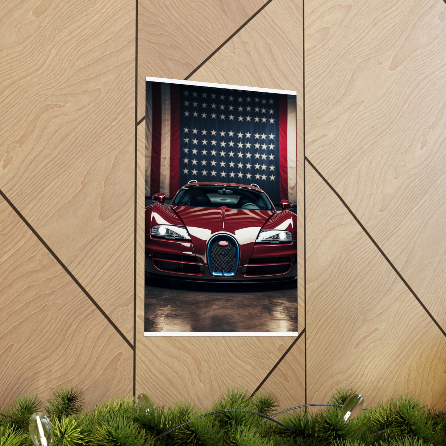 Premium Matte Vertical Posters American Flag Background Bugatti 1