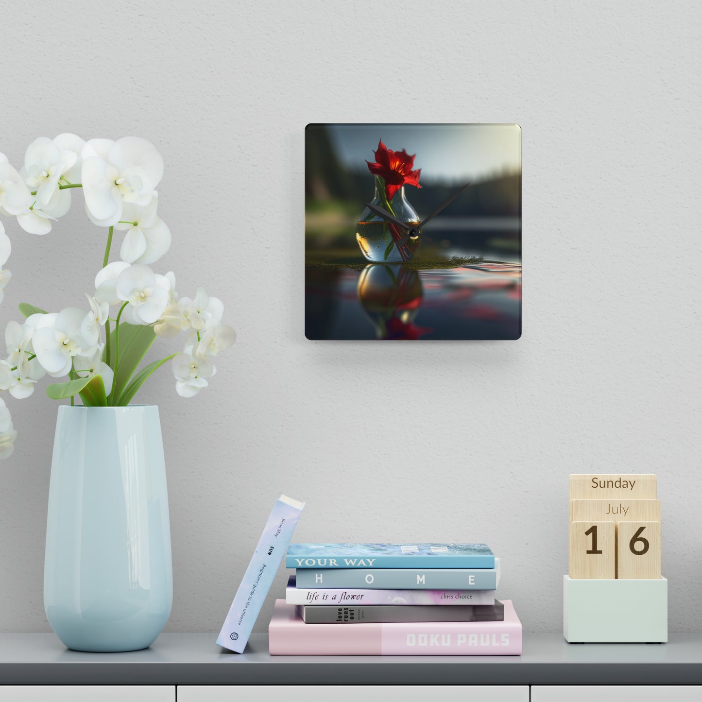 Acrylic Wall Clock Red Lily in a Glass vase 3