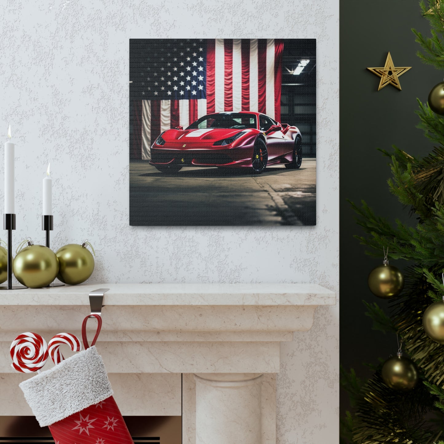 Canvas Gallery Wraps American Flag Background Ferrari 3