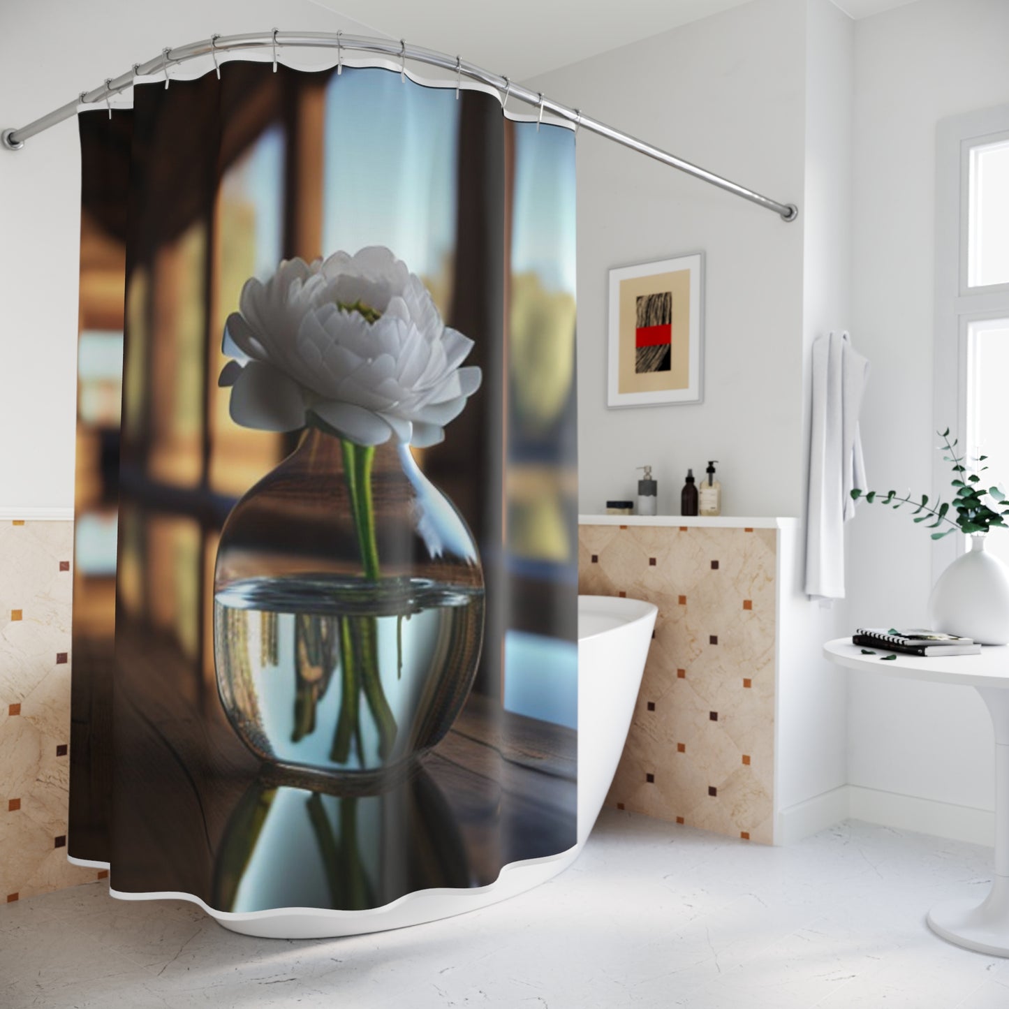 Polyester Shower Curtain White Peony glass vase 3
