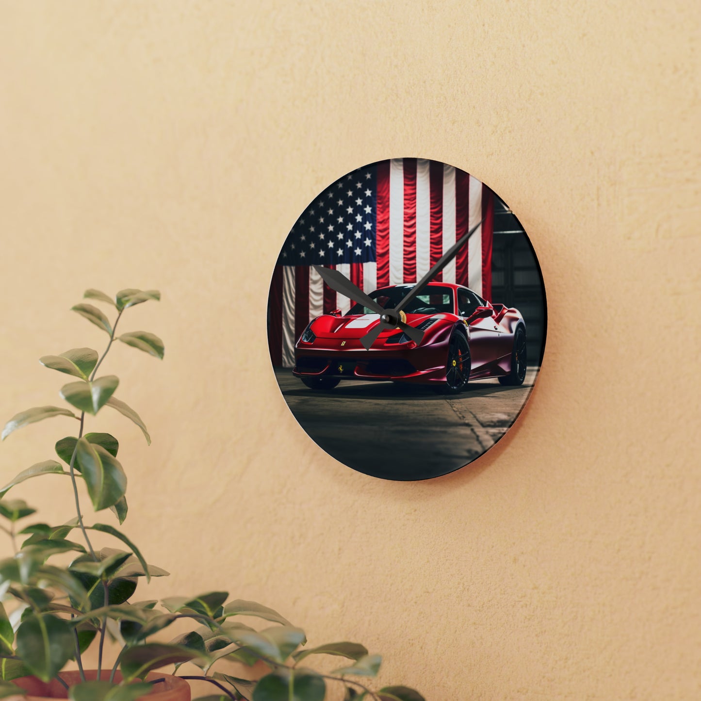 Acrylic Wall Clock American Flag Background Ferrari 3