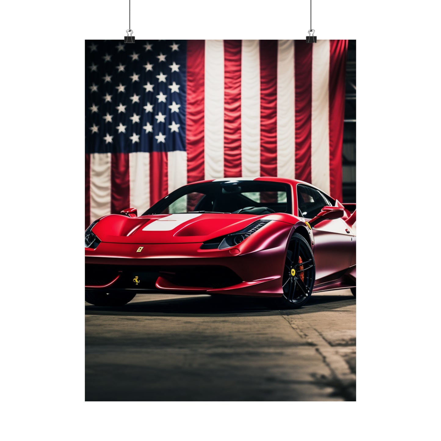 Premium Matte Vertical Posters American Flag Background Ferrari 3