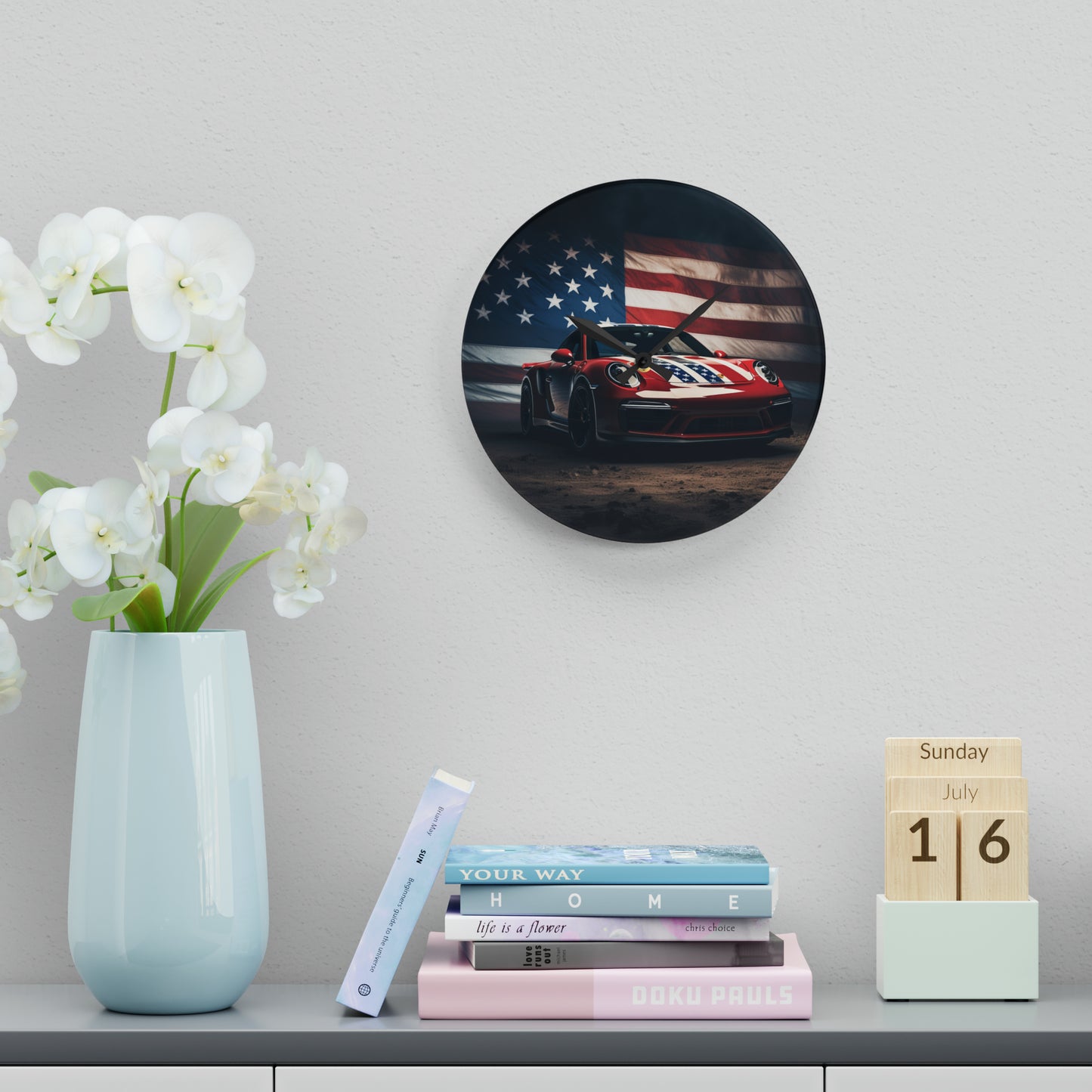 Acrylic Wall Clock American Flag Background Porsche 3