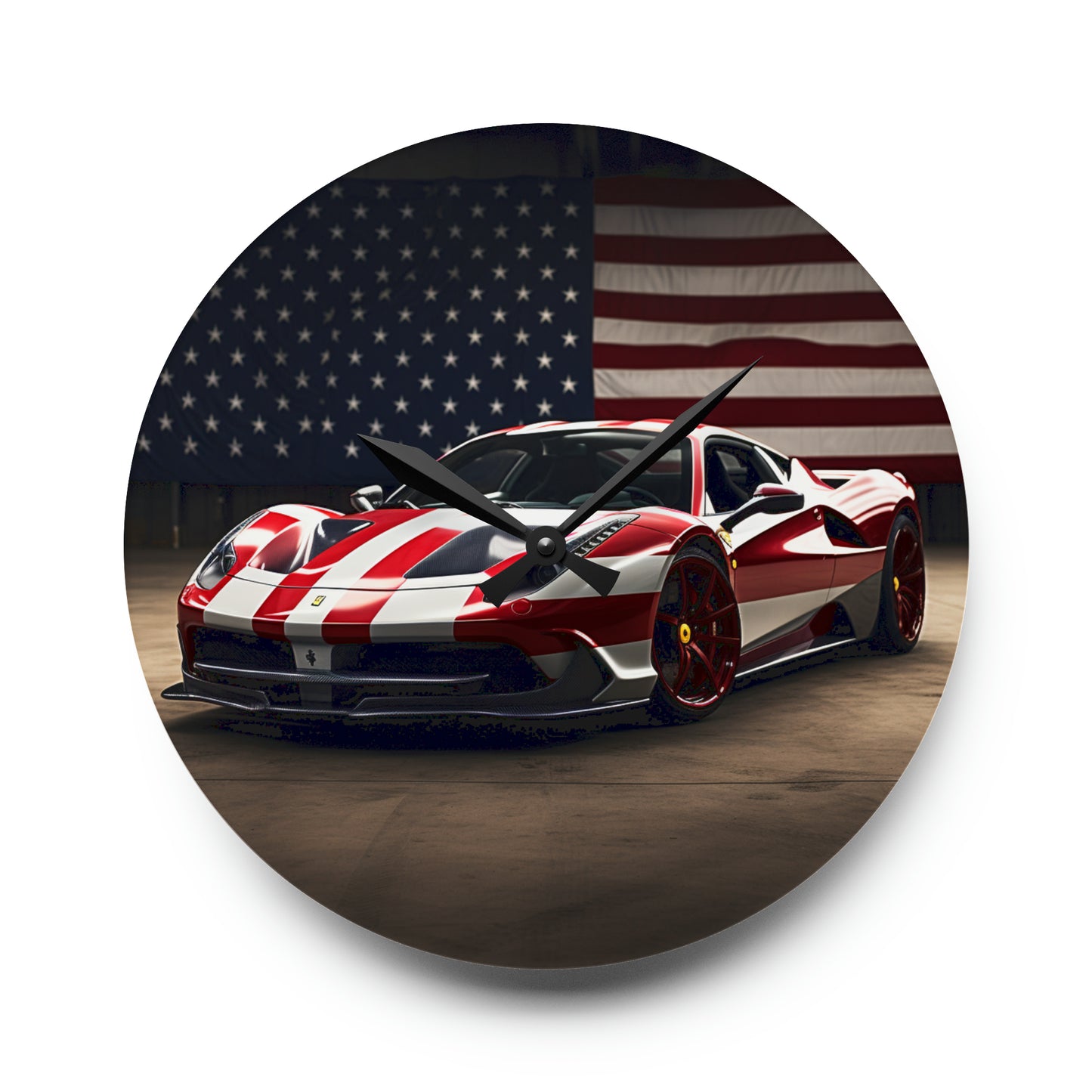 Acrylic Wall Clock American Flag Background Ferrari 2