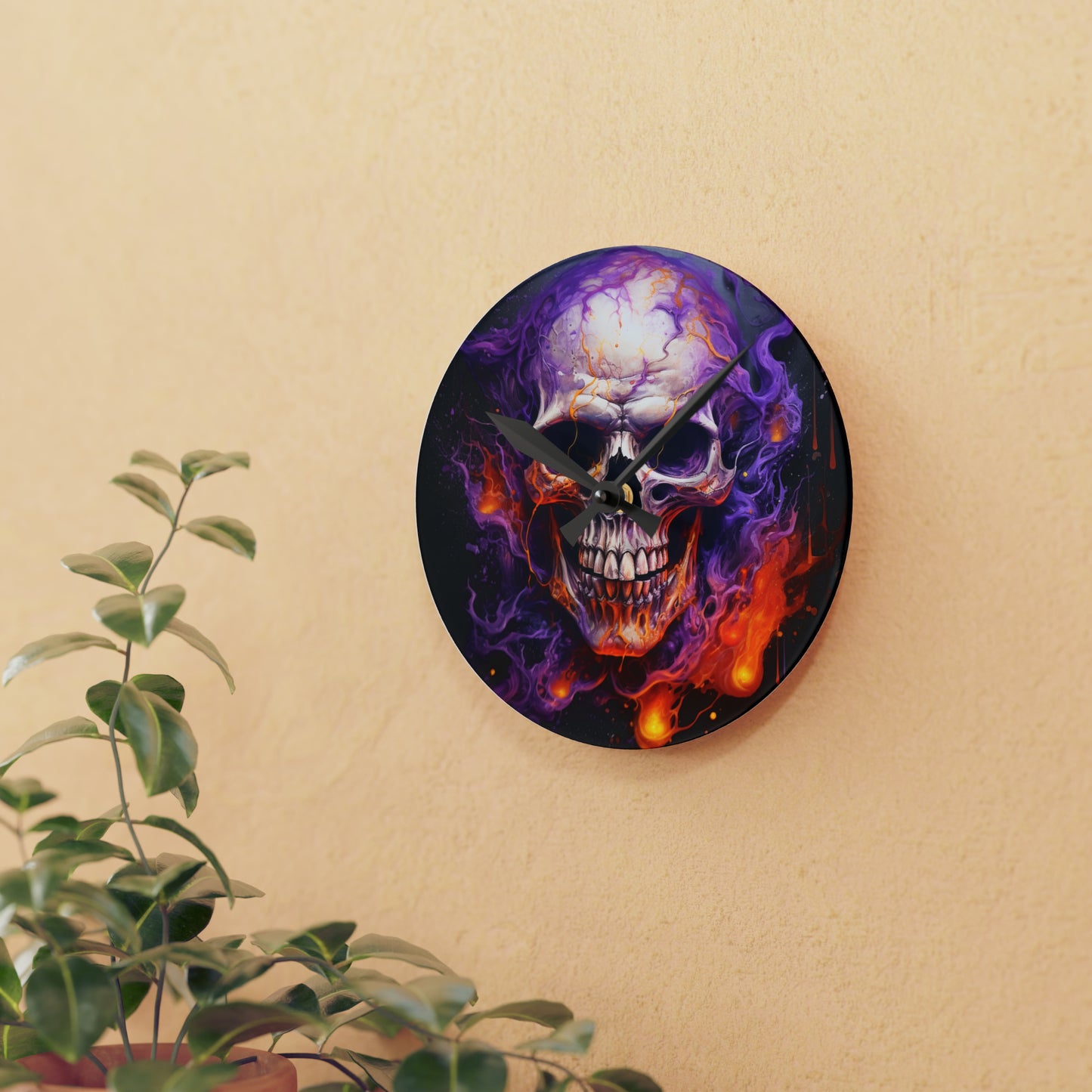 Acrylic Wall Clock Skull Flames 2