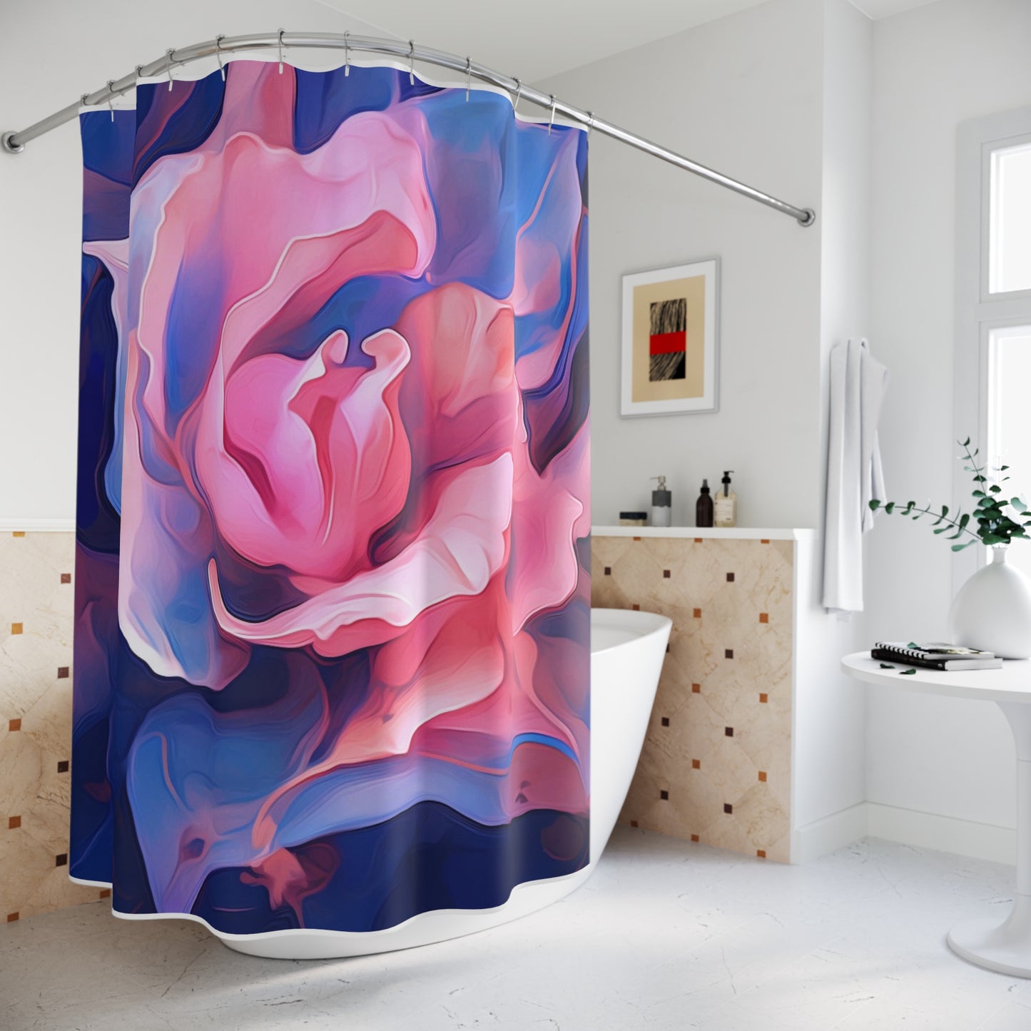 Polyester Shower Curtain Pink & Blue Tulip Rose 1