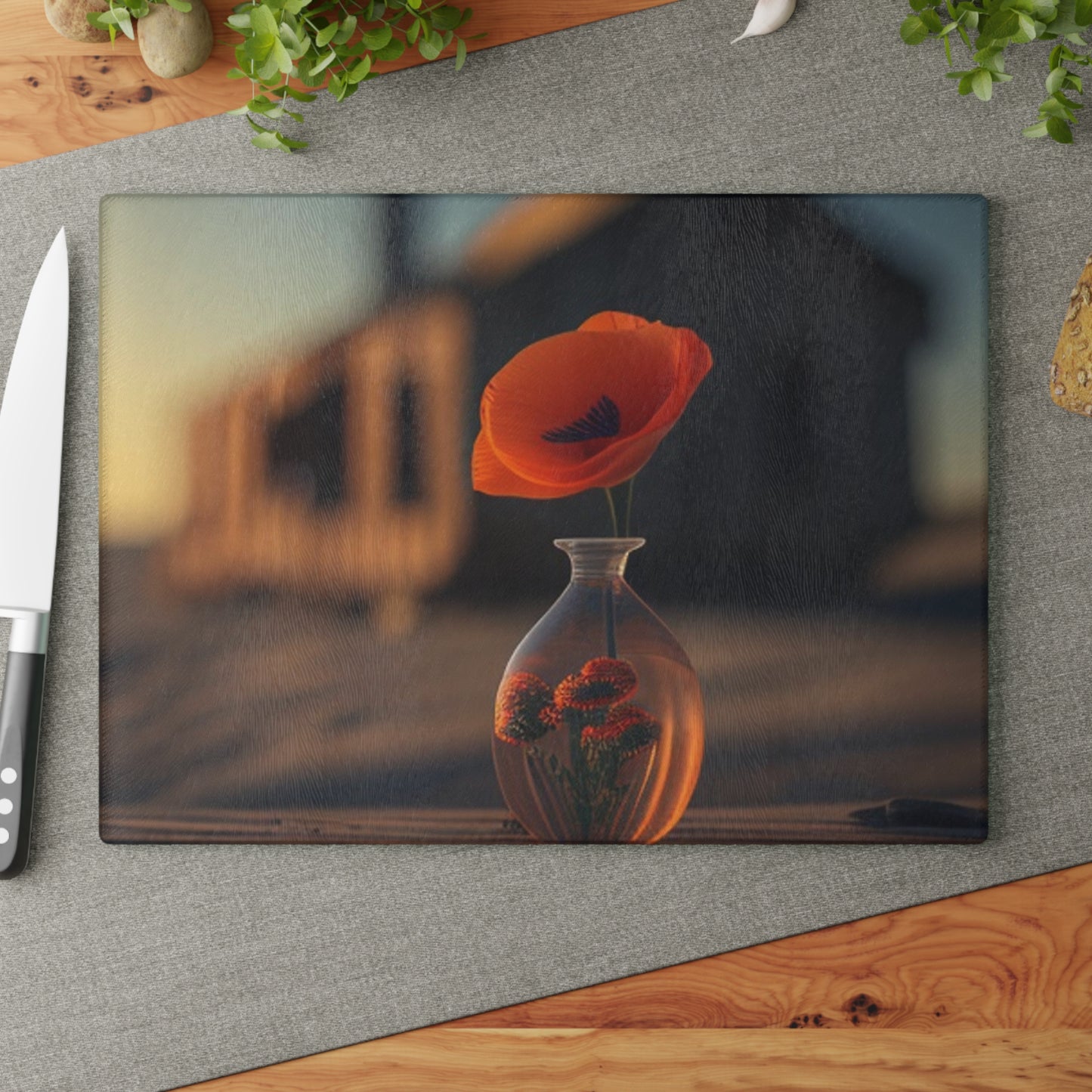 Glass Cutting Board Orange Poppy in a Vase 3