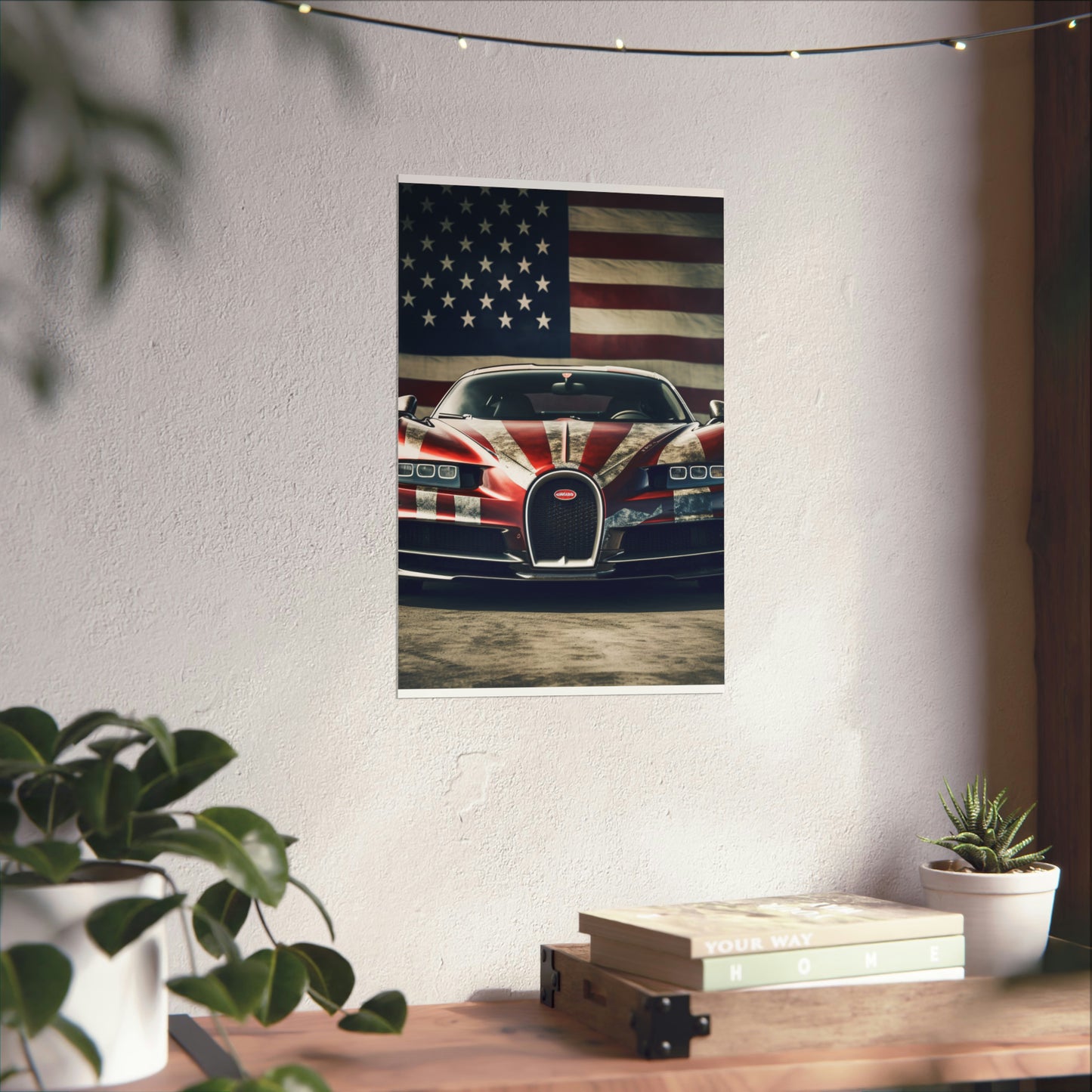 Premium Matte Vertical Posters American Flag Background Bugatti 3