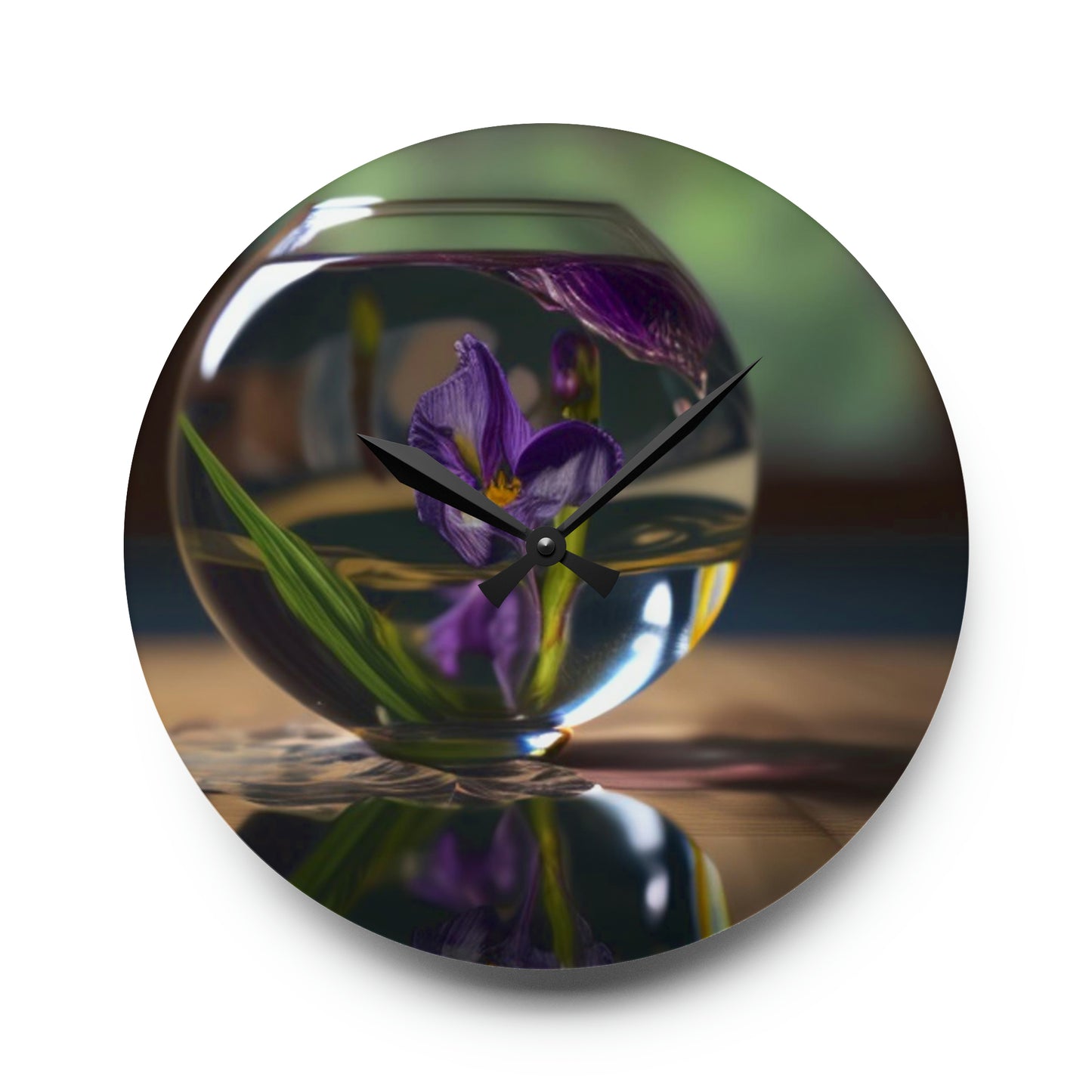 Acrylic Wall Clock Purple Iris in a vase 1