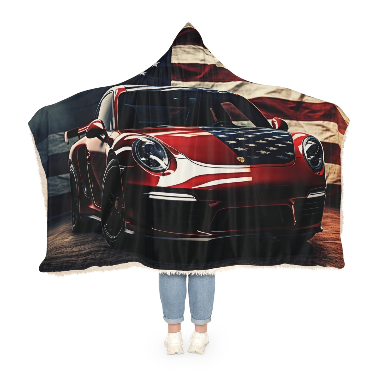 Snuggle Hooded Blanket American Flag Background Porsche 2