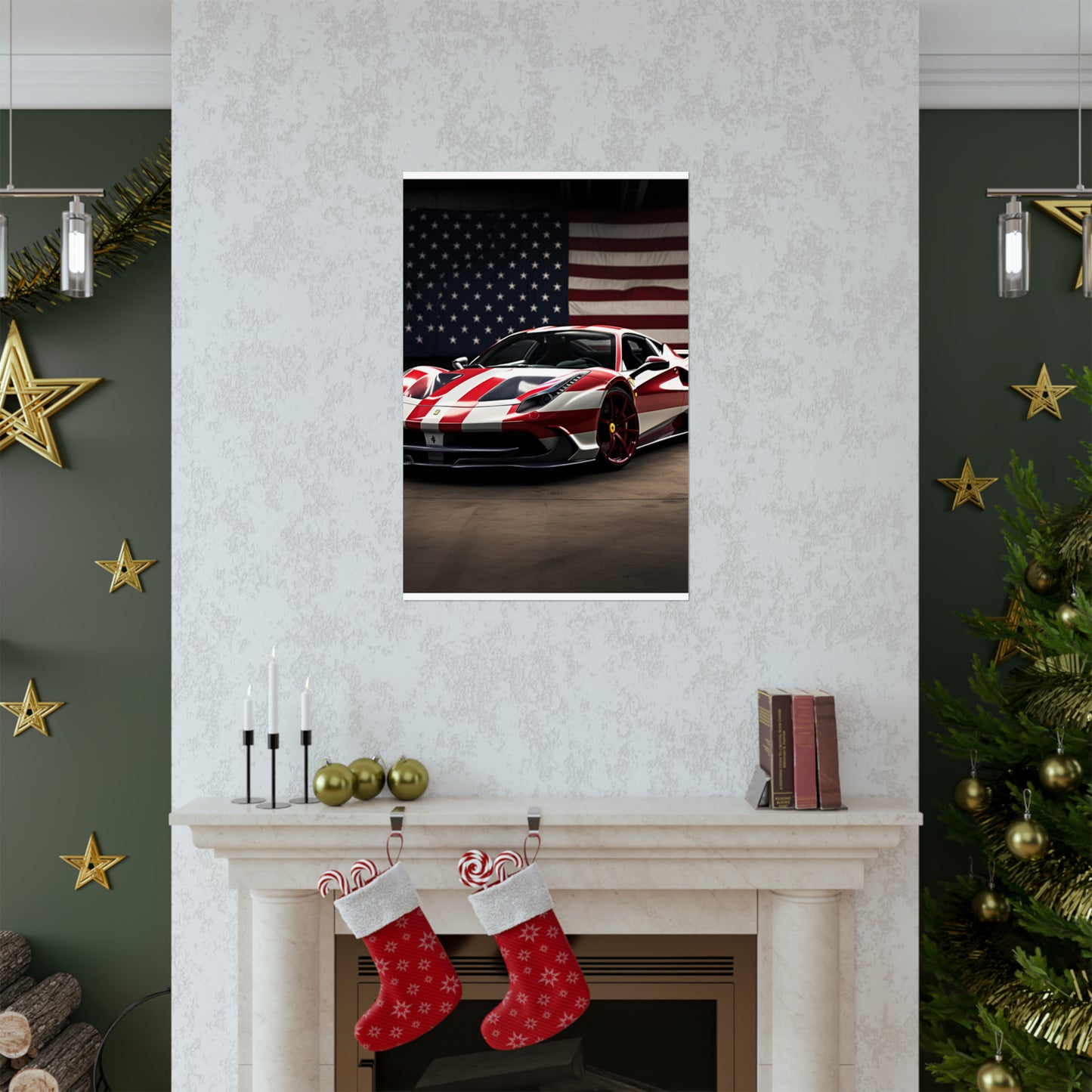 Premium Matte Vertical Posters American Flag Background Ferrari 2