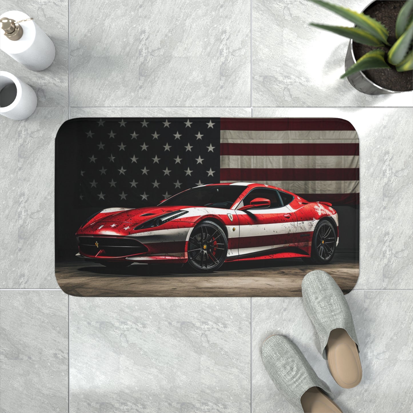 Memory Foam Bath Mat American Flag Background Ferrari 1