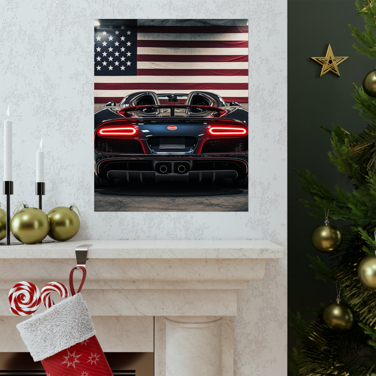 Premium Matte Vertical Posters American Flag Background Bugatti 4