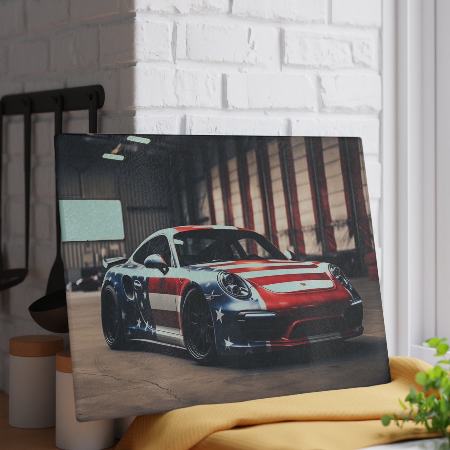 Glass Cutting Board American Flag Porsche 2