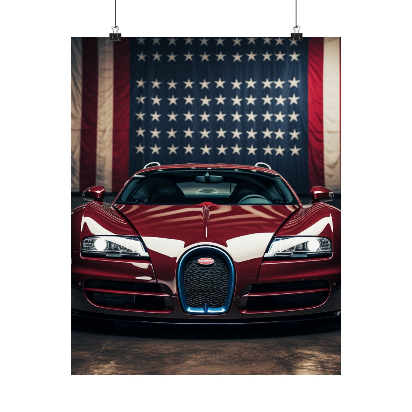 Premium Matte Vertical Posters American Flag Background Bugatti 1