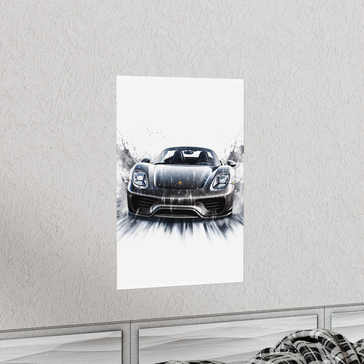 Premium Matte Vertical Posters 918 Spyder white background driving fast with water splashing 3