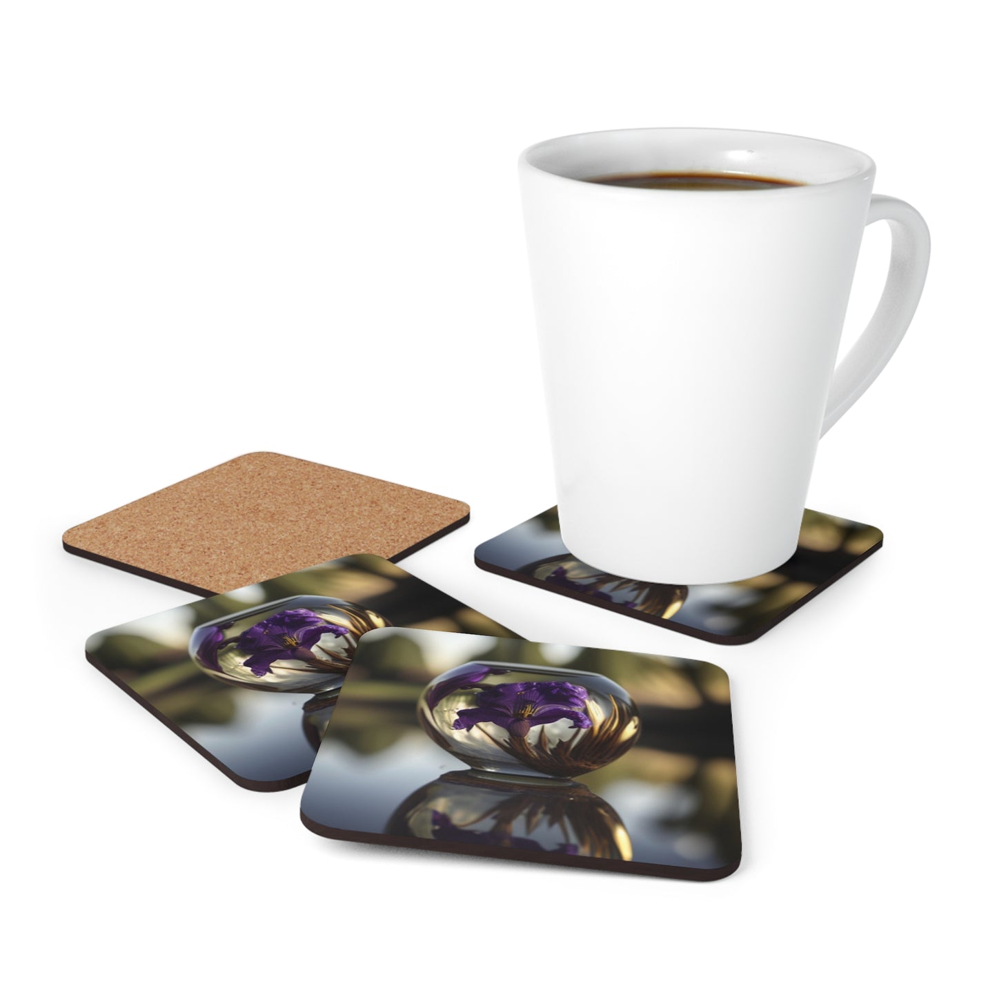 Corkwood Coaster Set Purple Iris in a vase 2