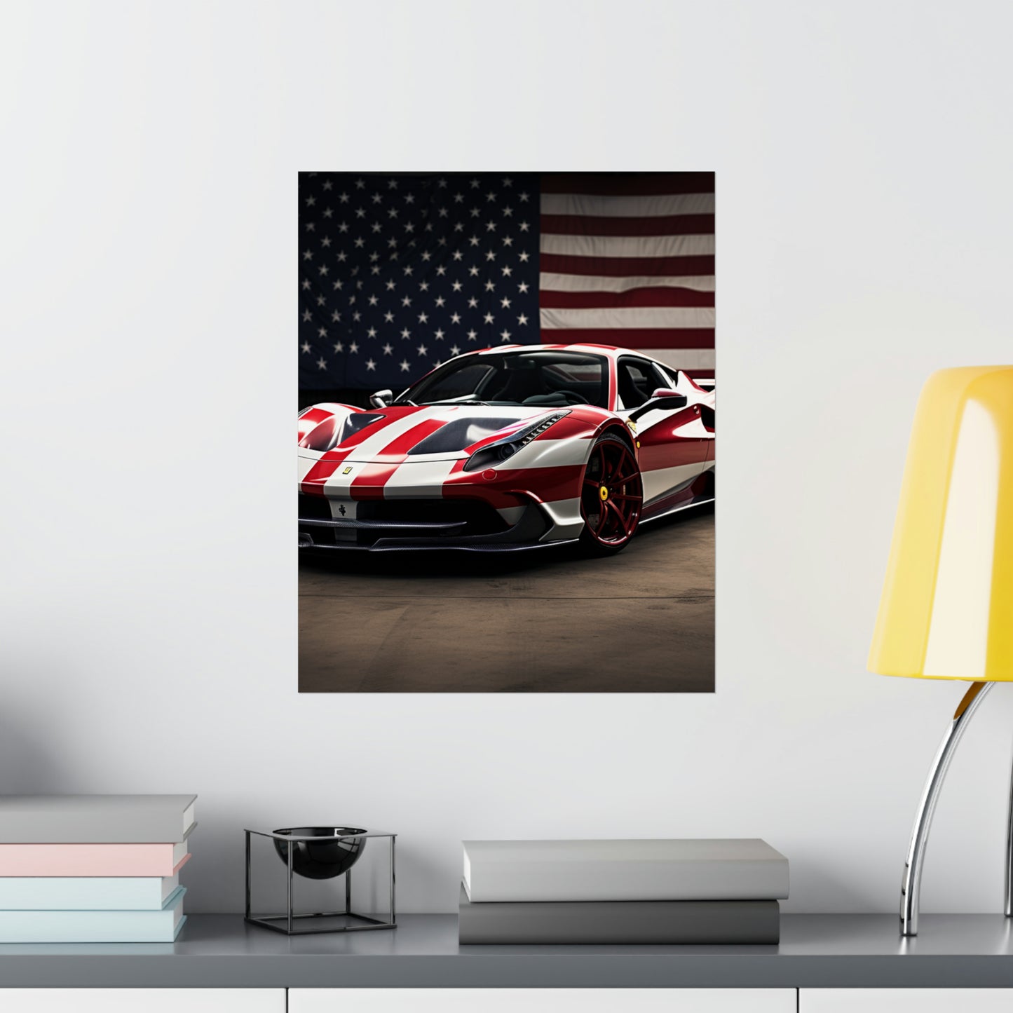 Premium Matte Vertical Posters American Flag Background Ferrari 2