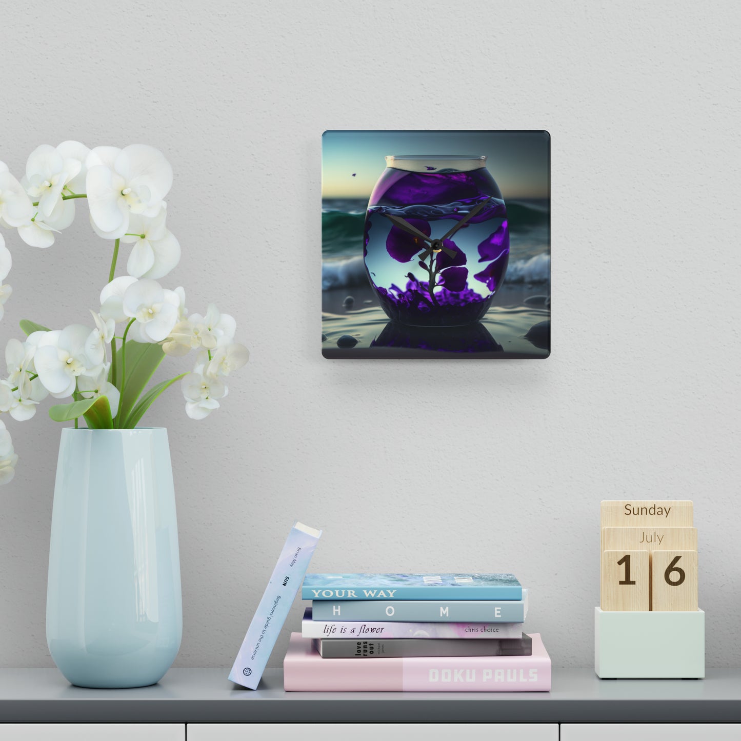 Acrylic Wall Clock Purple Sweet pea in a vase 4