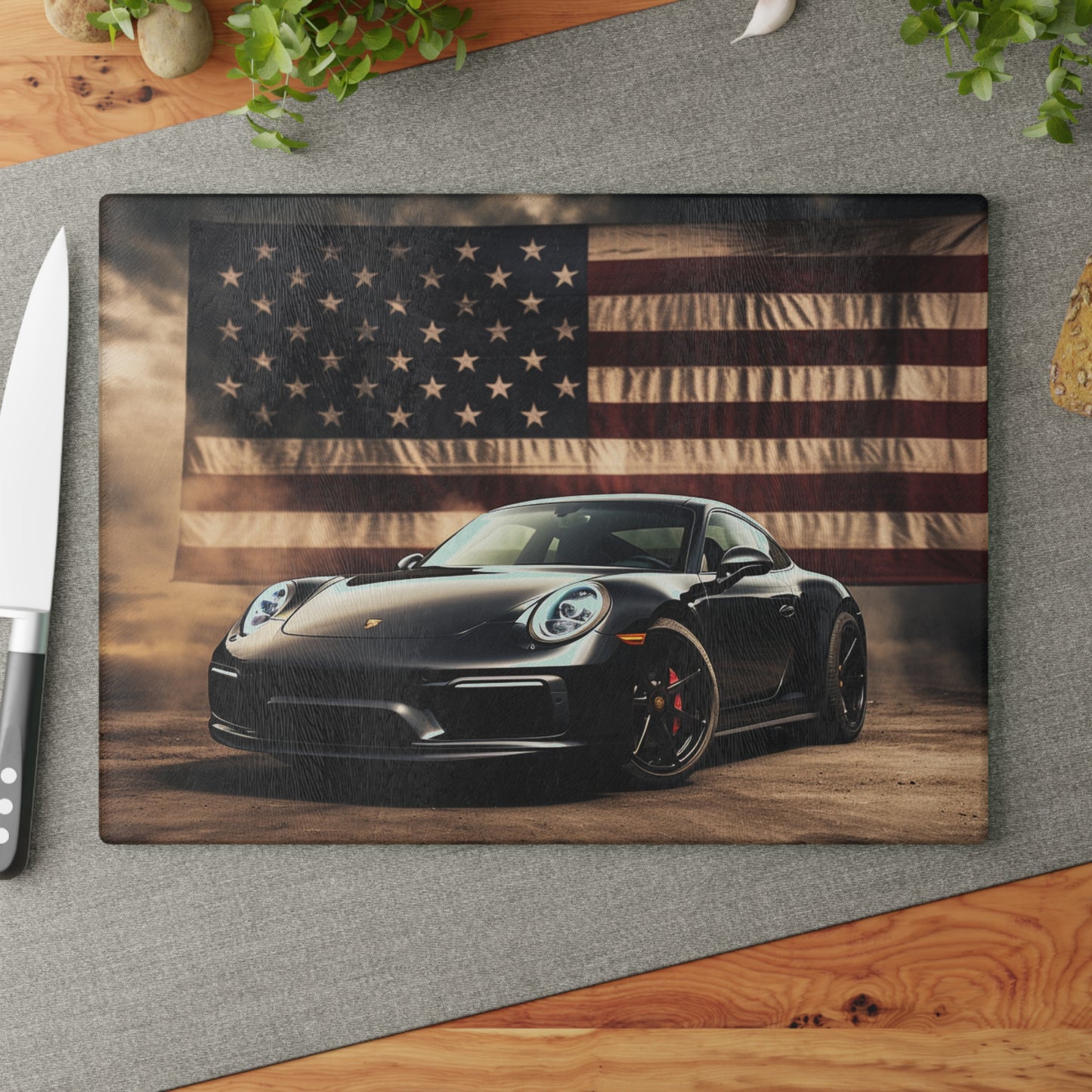 Glass Cutting Board American Flag Background Porsche 4