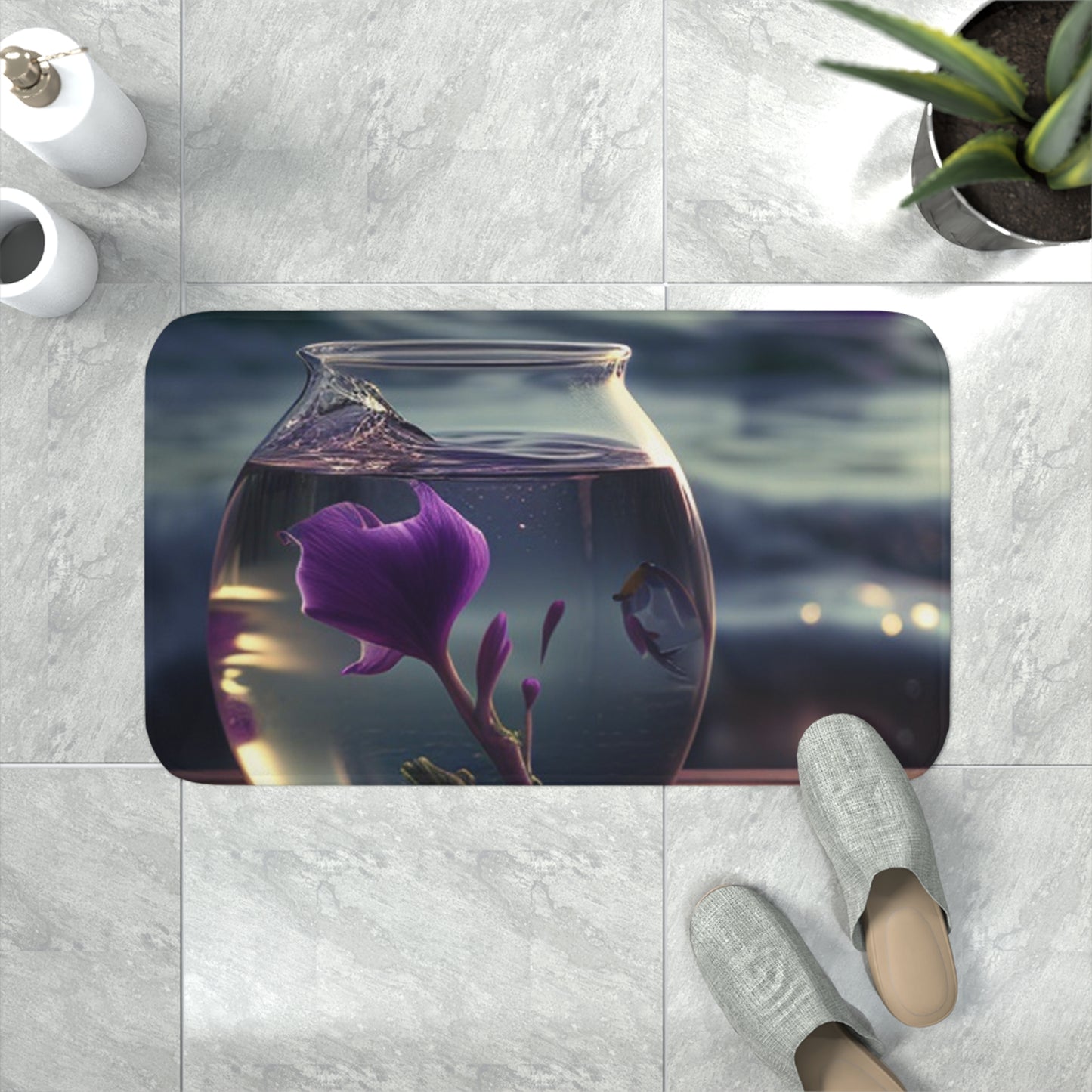 Memory Foam Bath Mat Purple Sweet pea in a vase 1