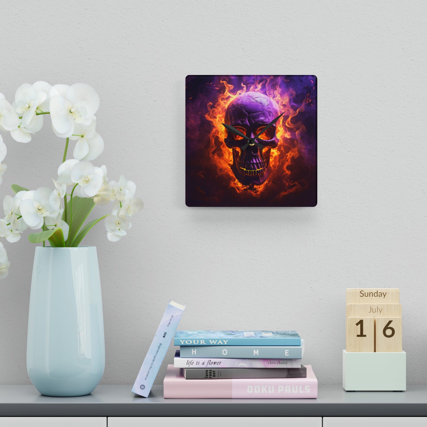 Acrylic Wall Clock Skull Flames 3