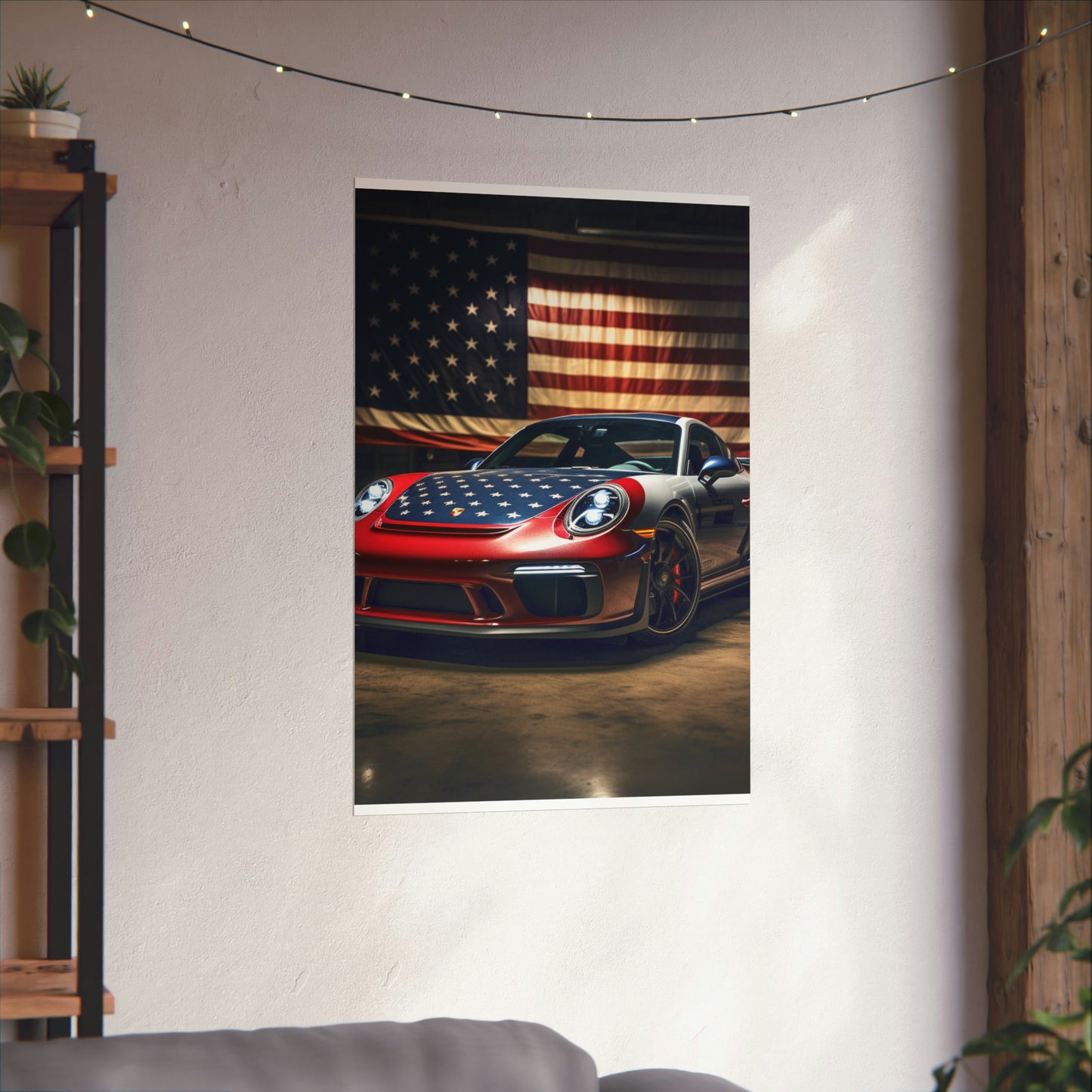 Premium Matte Vertical Posters American Flag Background Porsche 1