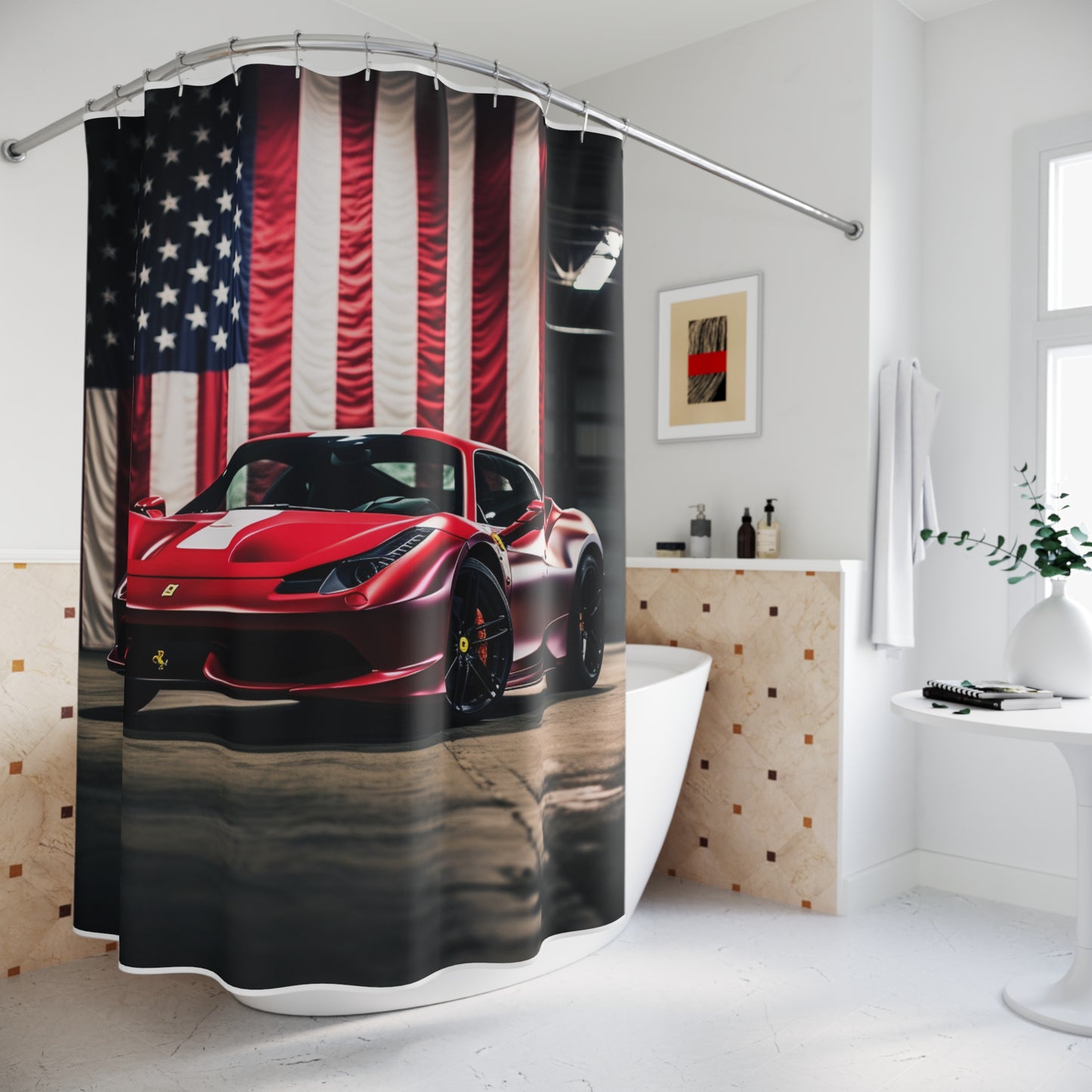 Polyester Shower Curtain American Flag Background Ferrari 3