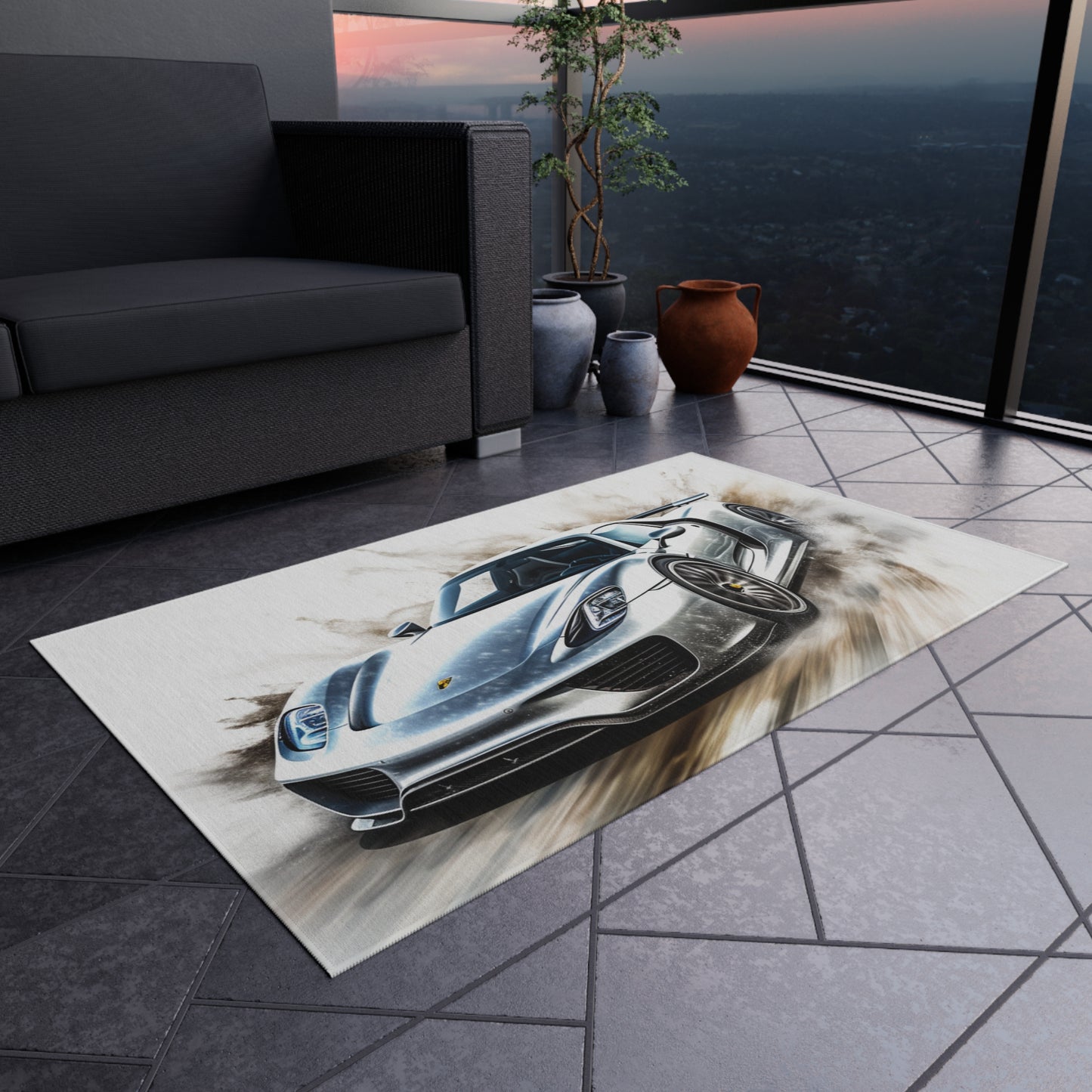 Outdoor Rug  918 Spyder white background driving fast with water splashing 2