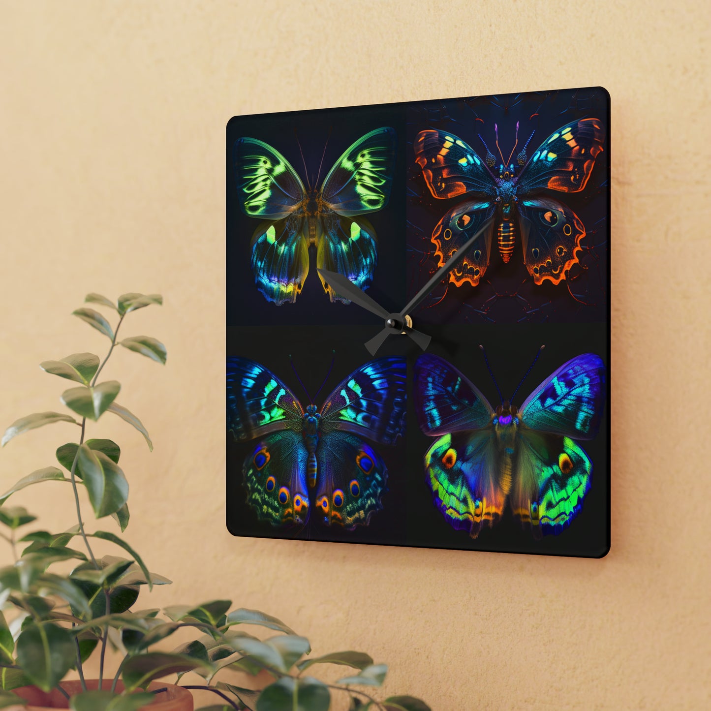 Acrylic Wall Clock Neon Hue Butterfly 5